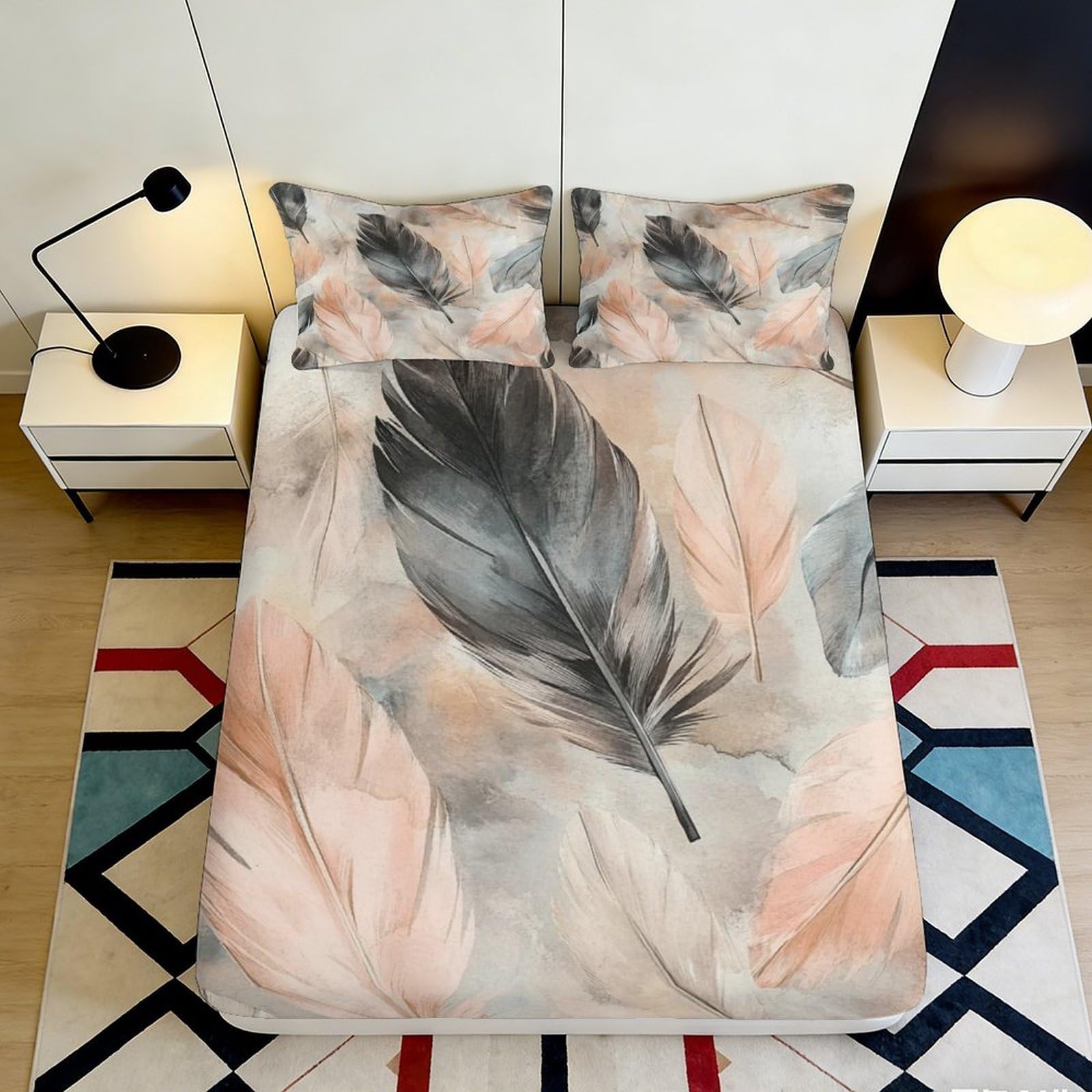 3D Printed Feather Pattern Fitted Sheet Microfiber Soft Breathable Pastel Feathers Bed Cover for Bedroom Dormitory Guest Room Mattress Protection 90x200x25cm