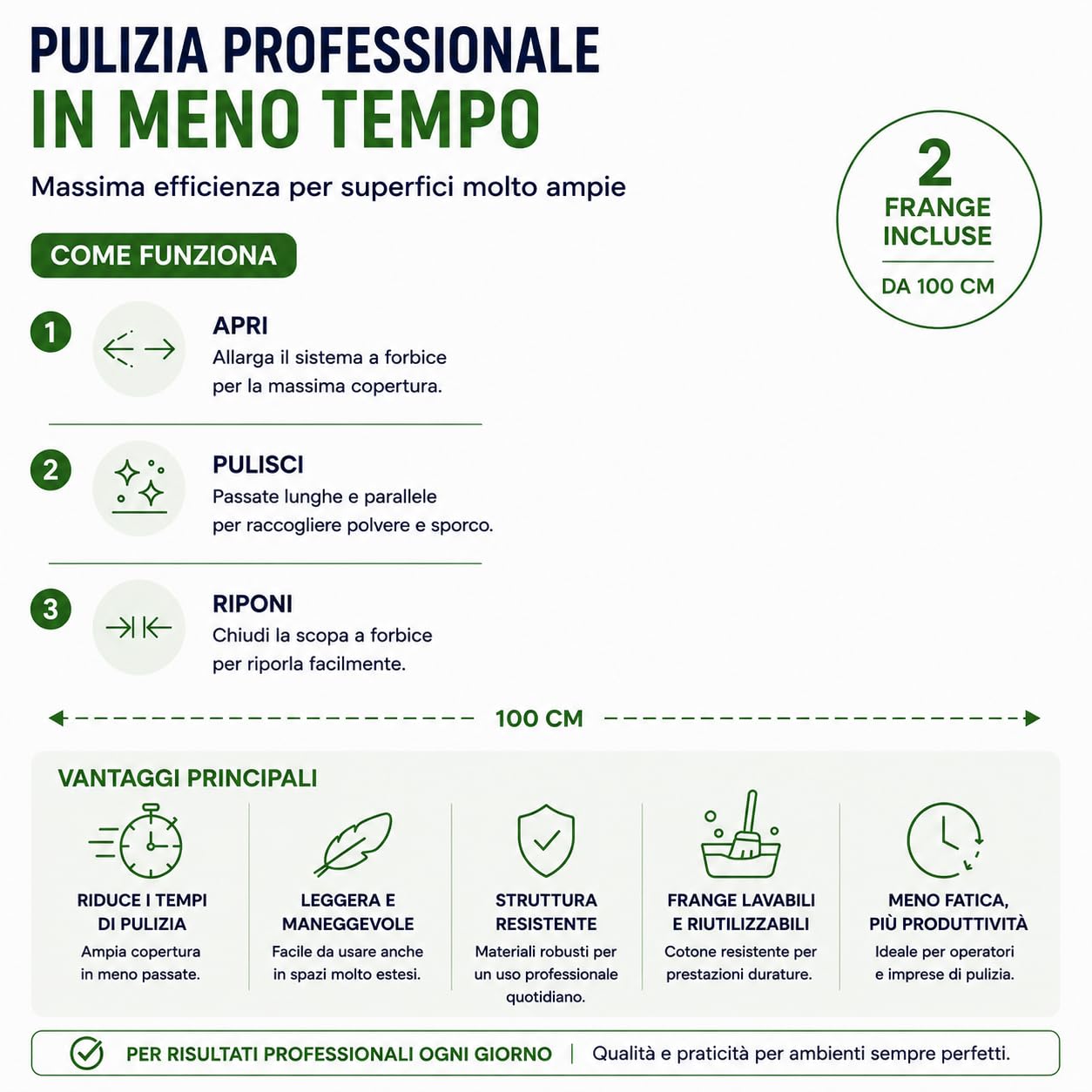 Scopa a Forbice con Manico e 2 Frange da 100 cm | Ampia copertura da 100 cm, Completa di manico e 2 frange, Ideale per grandi superfici, Utilizzo professionale