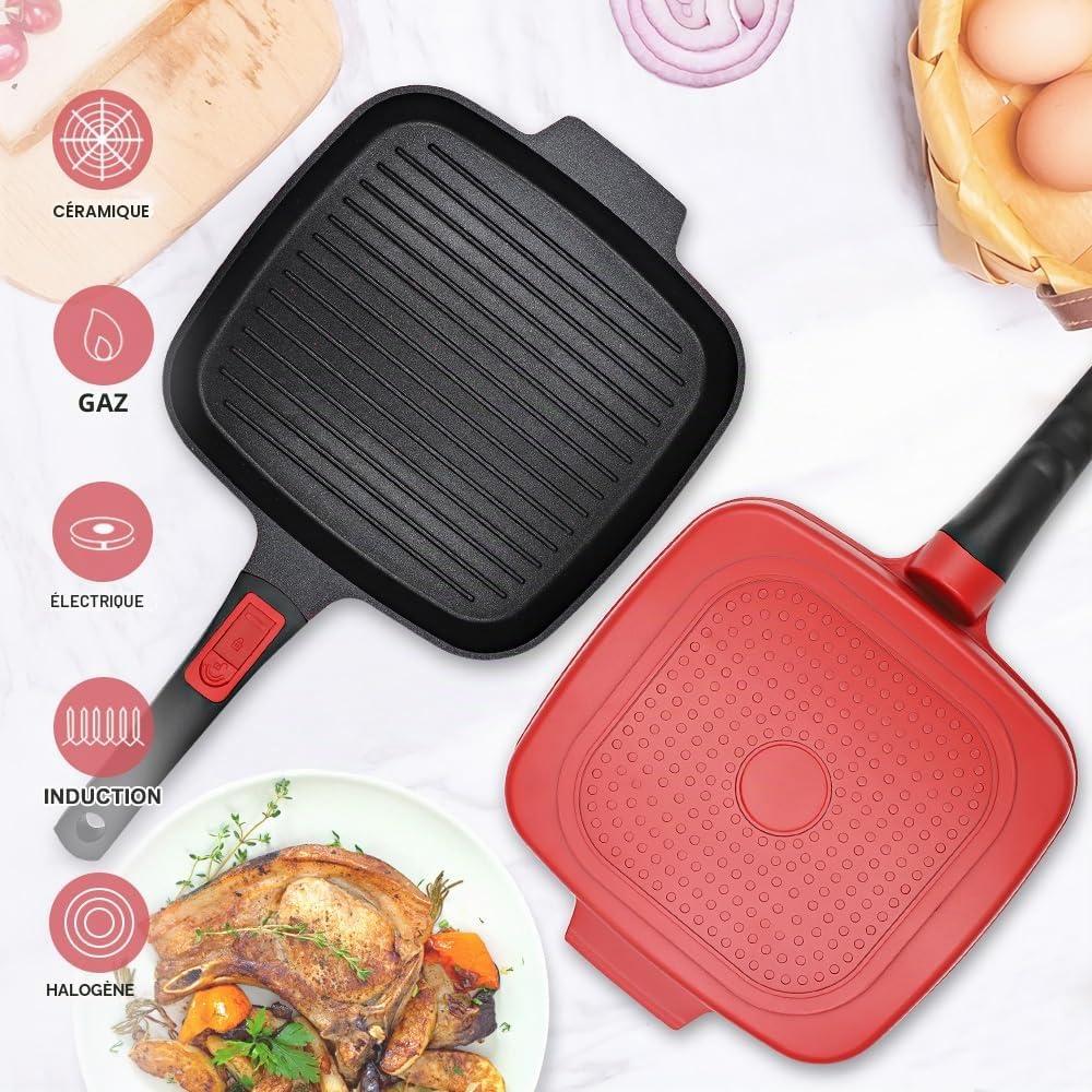 RANX INGST Poêle Grill avec Couvercle 24 cm, Poêle à Griller Carré avec Poignée Amovible, Revêtement Anti-Adhésif, Compatible Tous feux dont Induction