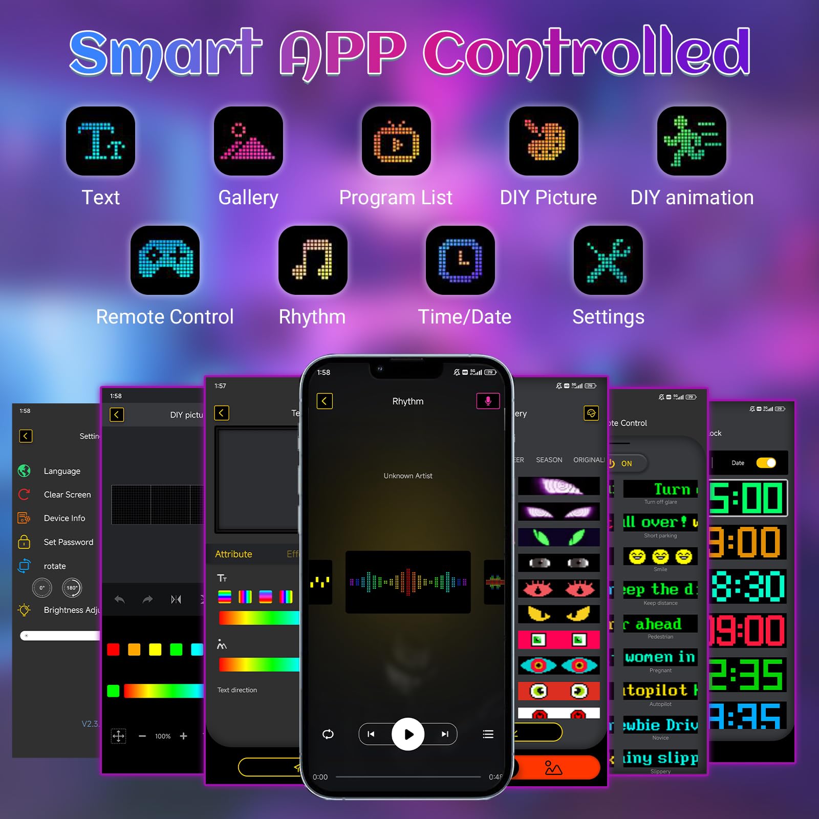 GAESHOW Insegne Luminose RGB Matrix Flessibile 17.3x7cm, Pannello LED Personalizzato, Display Pubblicitario, Sostegno Testo, Digitale, Emoji Display per Aziende, Auto, Negozio