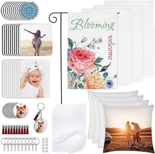 Ainiv Juego de 89 piezas de productos en blanco de sublimación, posavasos para automóvil en blanco, llavero con borla, fundas de almohada, banderas