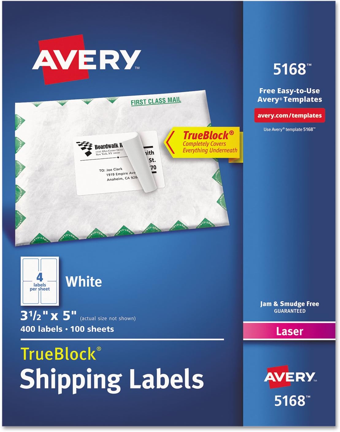 Avery 5168 Laser Labels, Mailing, Permanent, 3-1/2-Inch x 5-Inch, 400/BX, White
