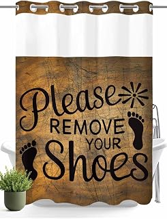 Please Remove Your Shoes No Hook Shower Curtain with Snap in Liner Vintage Distressed Letters Wood Grain Shower Curtain for Bathroom, Fabric Waterproof Inner Liner with Mesh Top Window, 72x84