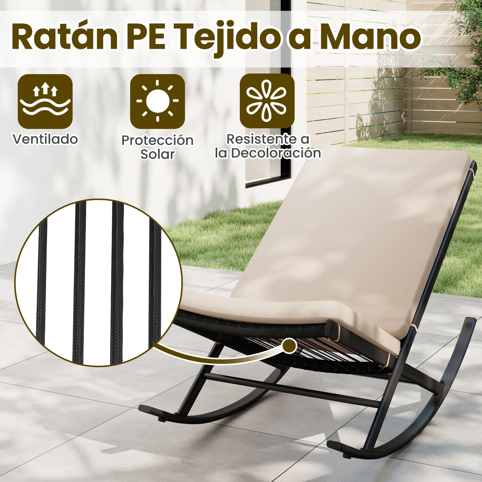 GIANTEX Juego de Muebles de Jardín 3 Piezas, 2 Sillones Mecedoras de Ratán PE, Mesita de Café Redonda, Asiento con Cojín, Conjunto de Conversación para Patio, Balcón, Terraza