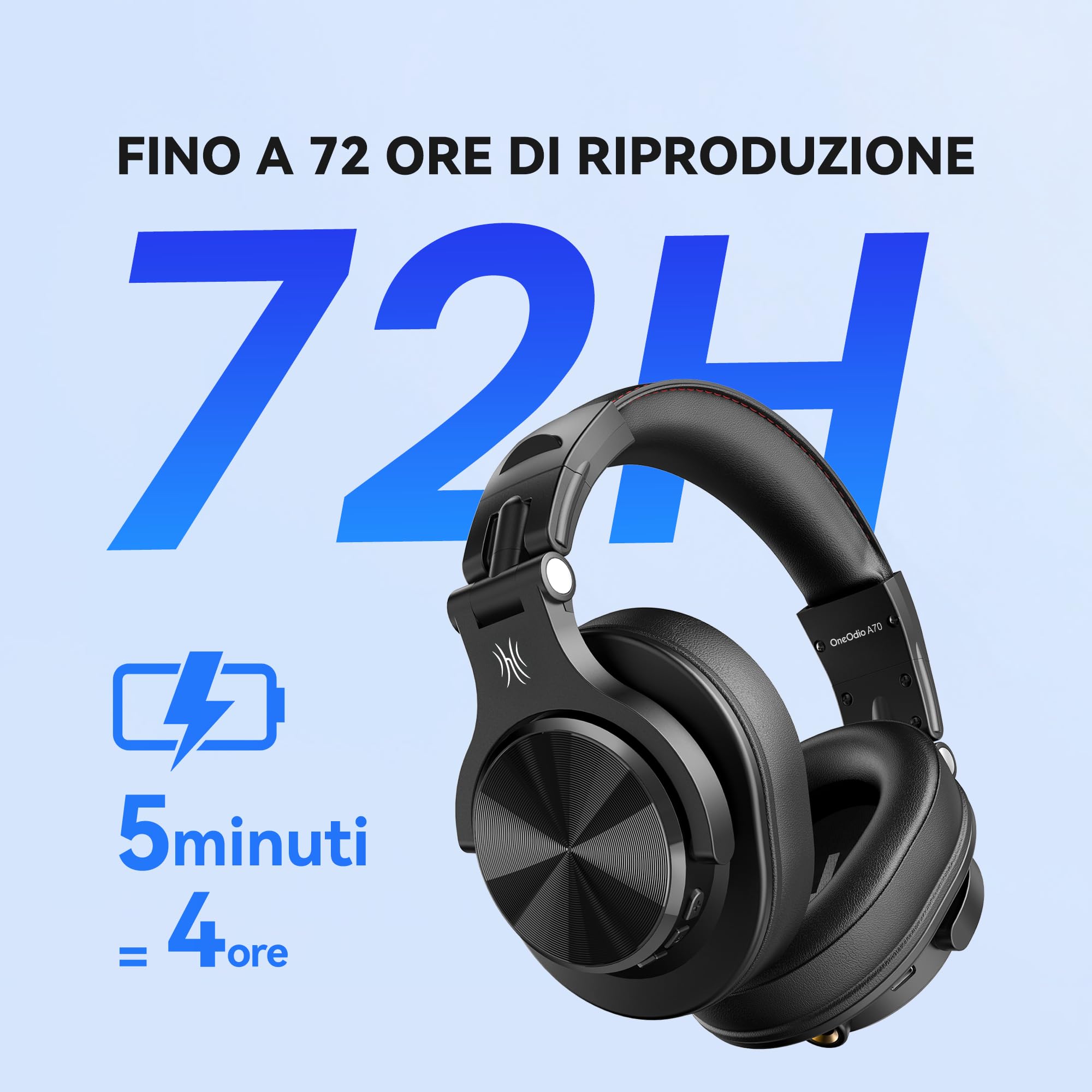 OneOdio A70 Cuffie Bluetooth Over Ear, Cuffie Cablate e Wireless Cuffie Stereo con Microfono, 72 Ore di Riproduzione, CVC 8.0, Jack 3,5 e 6,35 mm, Pieghevole, per DJ, Chitarra, Cellulare, PC, Nero