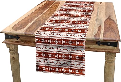 Ambesonne Camino de mesa de Navidad, noruego escandinavo tradicional vintage, bordes de reno, flores a rayas, para comedor, cocina, rectangular, 16