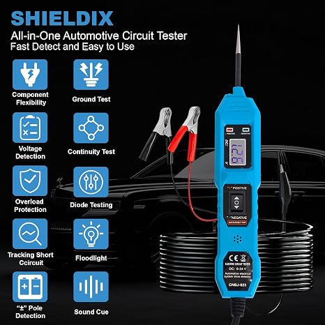 Power Circuit Probe Tester, 6V-24V DC Automotive Car Electric Fuse & Voltage Tester with LED Test Light, HD LCD Readout, Overload Protection, Short Circuit Finder with 14.7FT Cable