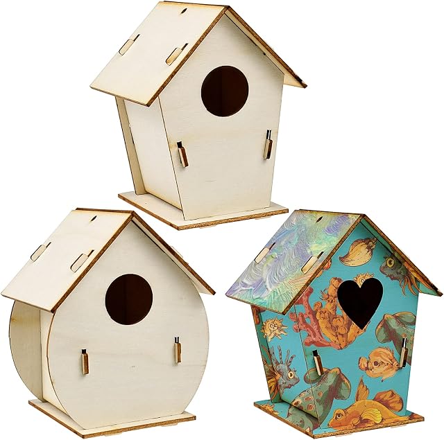 JJQHYC 3 Pieces Bird House Wooden Bird Houses Crafts for Kids Painting Arts Activity Bird Box DIY Bird Feeder Garden Birdhouse Decoration