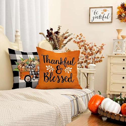 Miniatura 8 de GEEORY Juego de 4 fundas de almohada decorativas de otoño de 20 x 20 pulgadas, diseño de calabazas, diseño de búfalo bendecido con texto en inglés