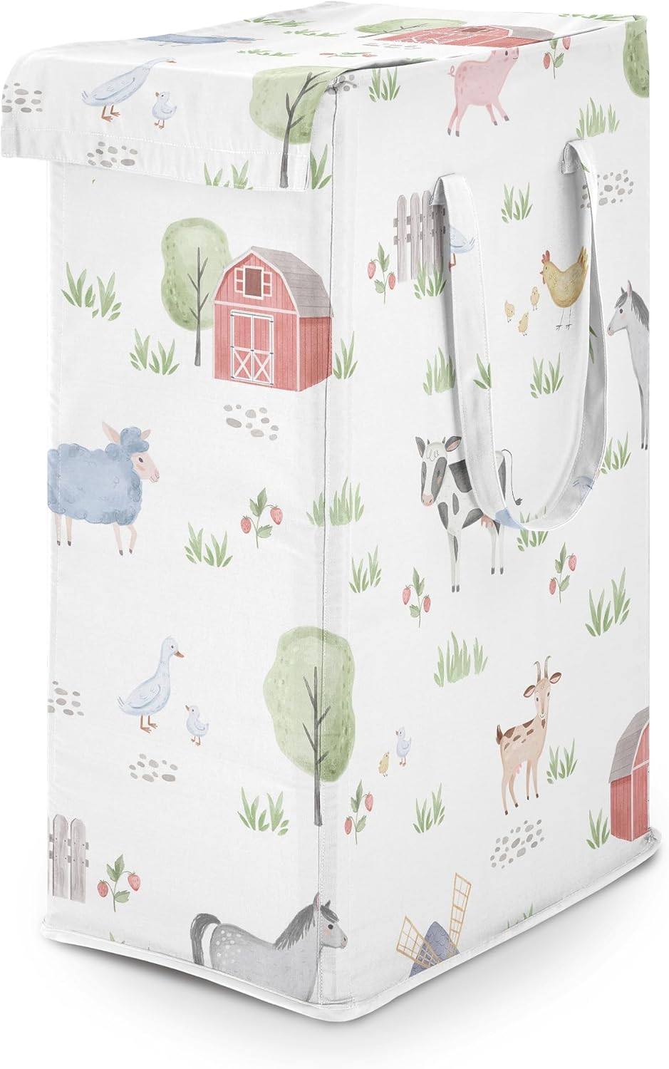 Sweet Jojo Designs Farm Animals Boy Girl Gender Neutral Laundry Hamper Foldable Dirty Clothes Basket with Handles Baby Nursery Kids Bedroom Teen Bathroom Watercolor Farmhouse Barn Horse Cow Pig Goat