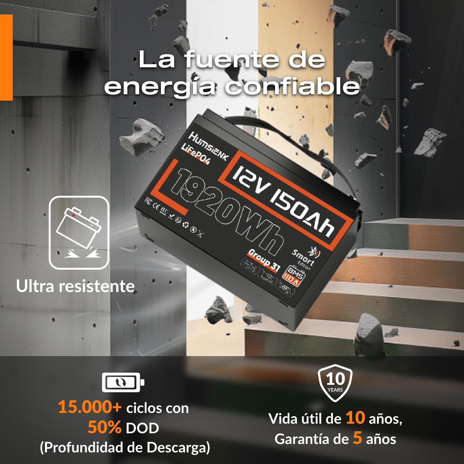 Batería Litio 12V 150Ah con Bluetooth,Bateria LiFepo4,BMS Inteligente de 110A,4.000–15.000 Ciclos Profundos de 12 V 1920 WH Recargable,Protección Baja Temperatura—para Solar,Autocaravana (RV)