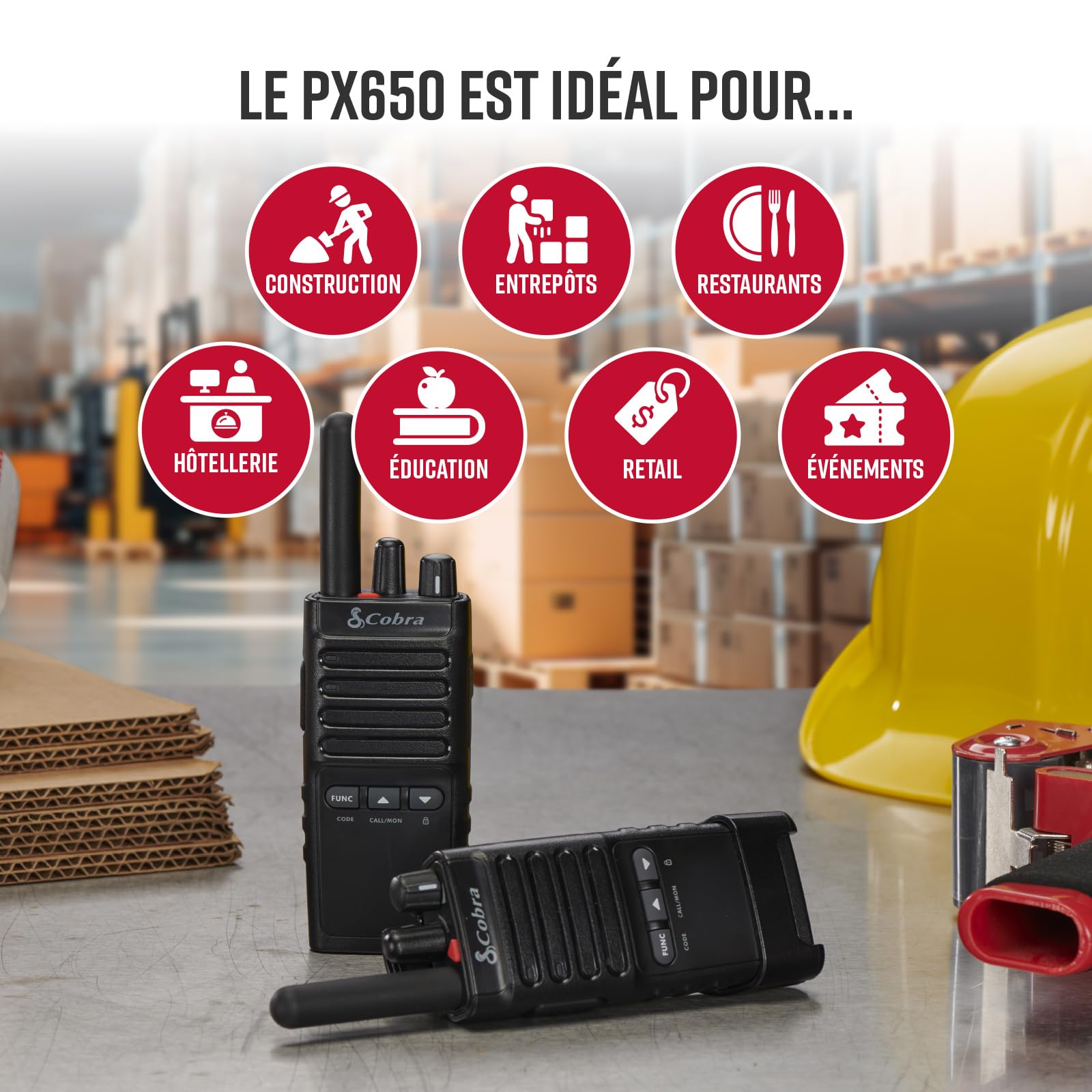 Cobra PX650 Talkies-Walkies Professionnels (Pack de 6) – Talkies-Walkies Rechargeables PMR446 pour Entreprises, portée de 27000 m²/25 étages, Protection poussière et éclaboussures (IP54), Noir
