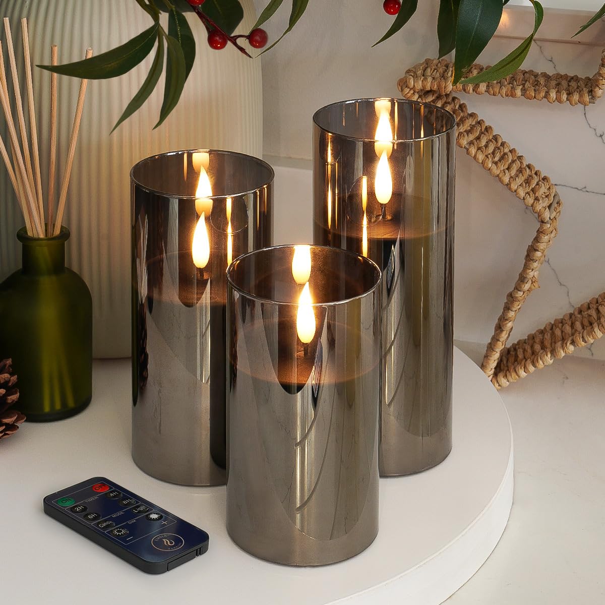 Ember Candlesβ’ 12.5cm, 15cm & 17.5cm Hurricane Smoked Glass Black LED Flickering Battery Candles β 100% Real Wax, Ultra-Realistic, Flameless, Hand-Poured Design, 6-Hour Timer (with Remote Control)