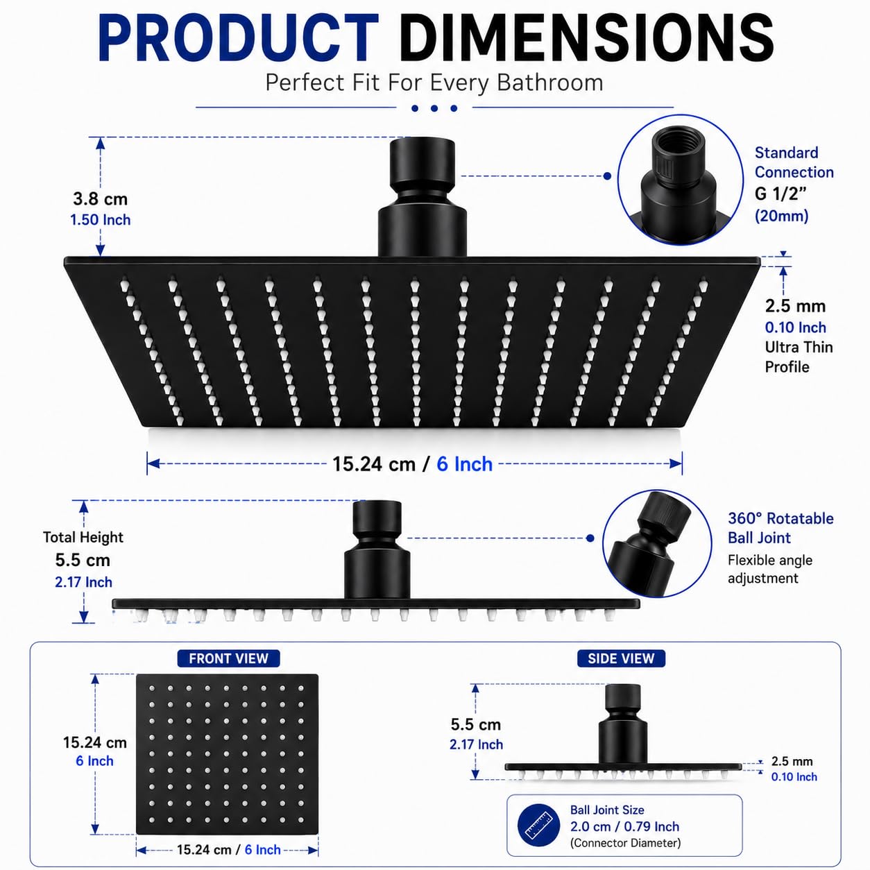Luxury Matte Black Shower Head - 360° Rotation -3