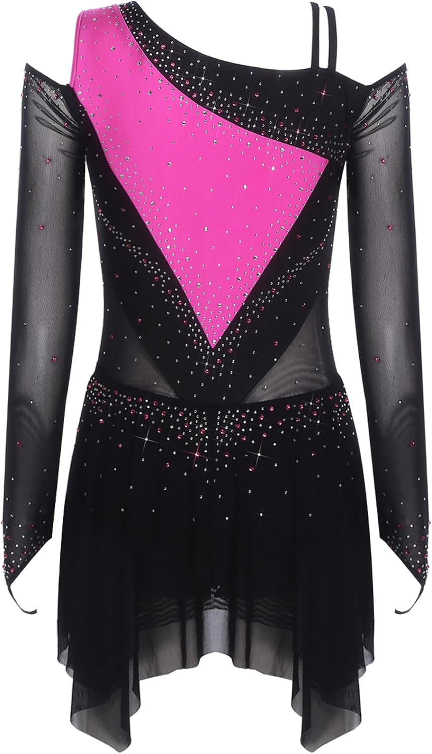 Women's Ice Skating Dress Rhinestone Long Sleeve Ballet Leotard Dresses Competition Dancewear