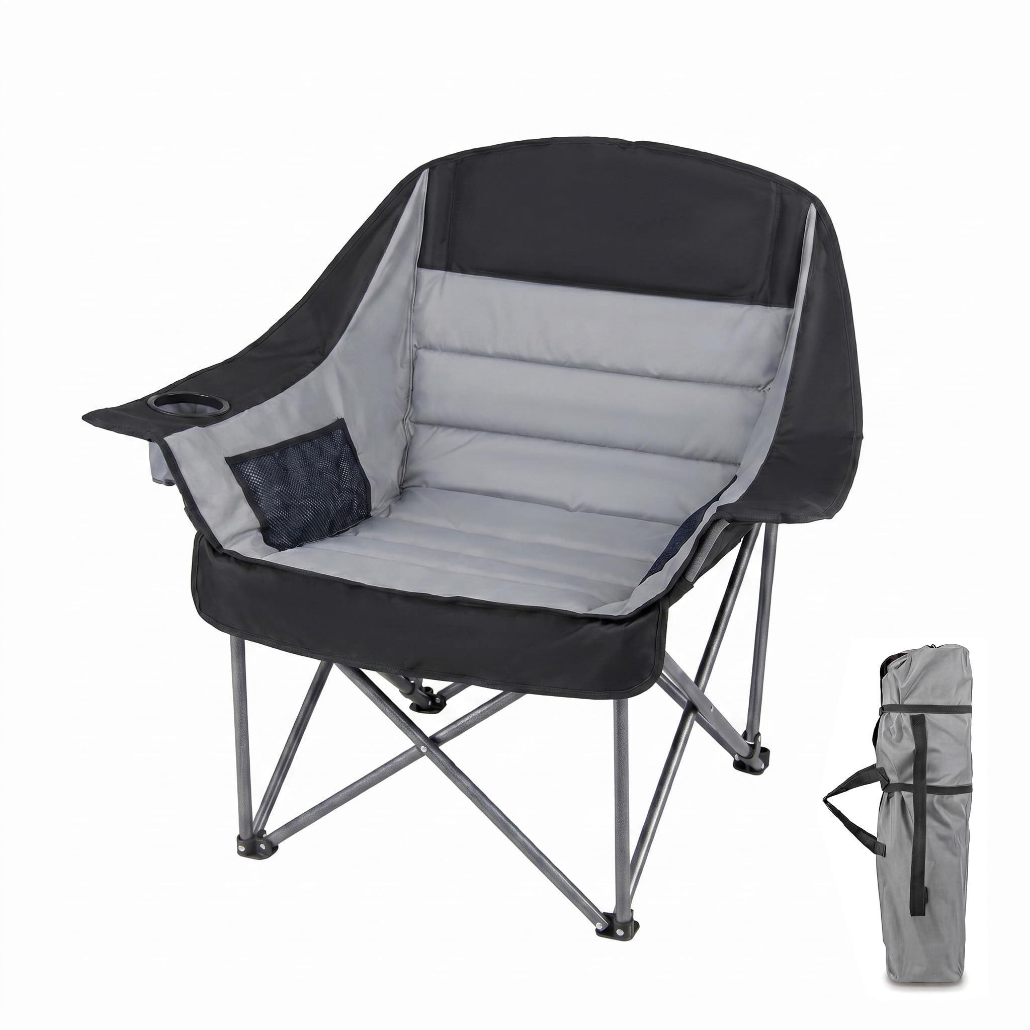 GOPLUS Silla de Camping Plegable, Carga 225 kg (Negro+Gris) | Silla de Pesca Acolchada con Portavasos, Bolsillo de Malla y Bolsa de Transporte, Sillón Portátil para Patio Jardín Playa