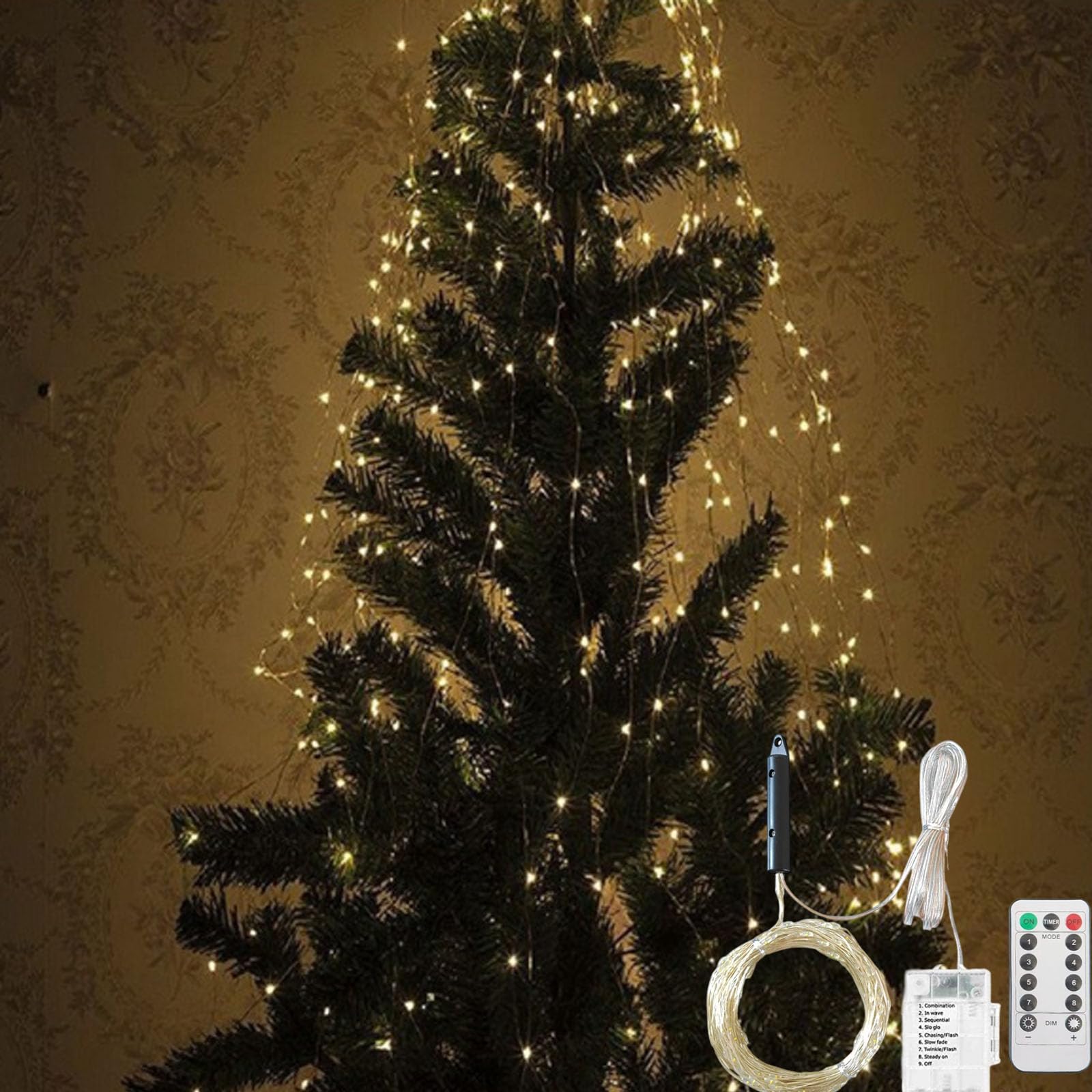 2026 Upgrade Cascading Twinkle Lights for Christmas Tree Waterfall Lights, 8 Modes 100-600 Christmas LED Firefly Twinkle String Lights Battery Powered (Warm Light,3m/9.84ft 10 Strips 300 Lights)