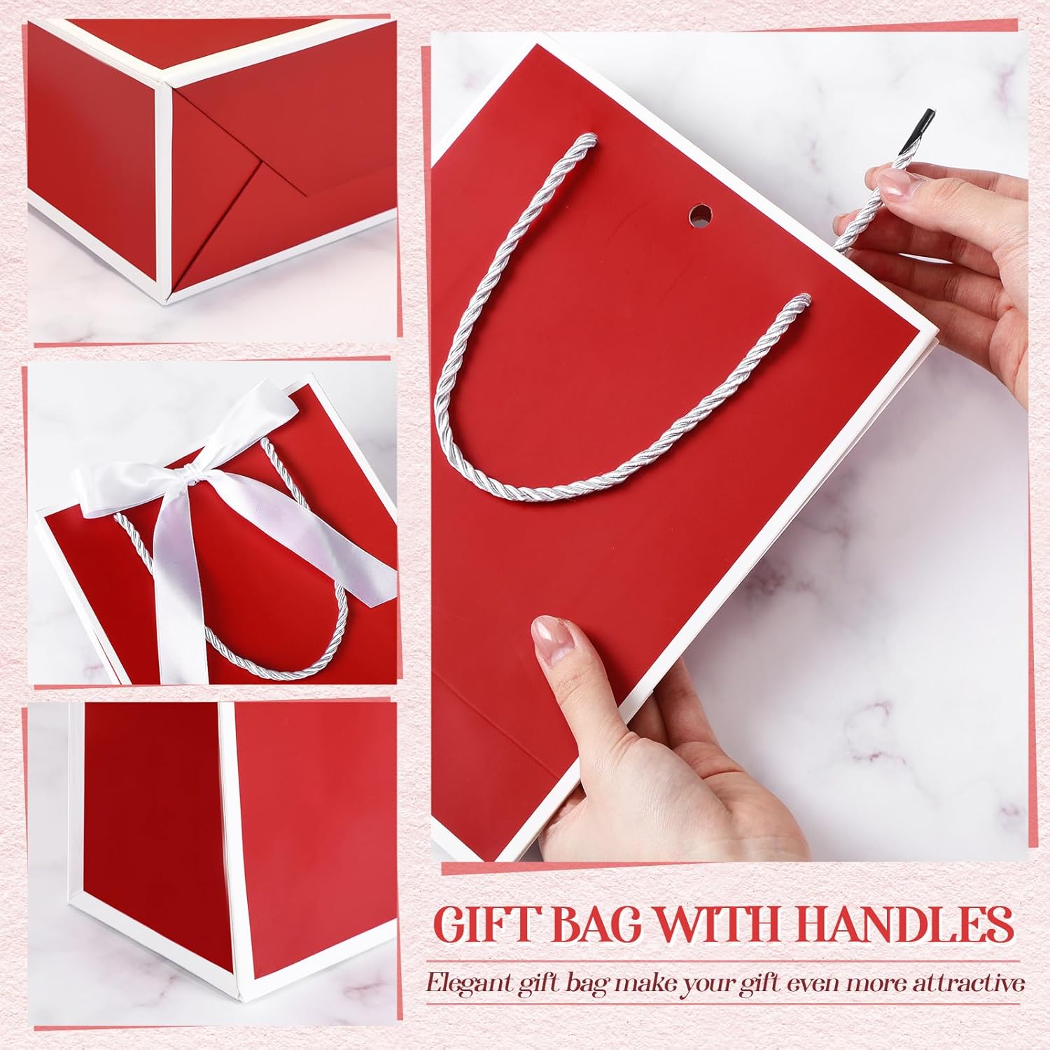 Silkfly Paper Gift Bags with Handle 9x7x3.15'' Thank You Gift Bags with Bow Ribbon for Graduation Appreciation Holiday Wedding Bridal Baby Shower Birthday Party Supplies(Red and White,12 Pcs) - Image 5