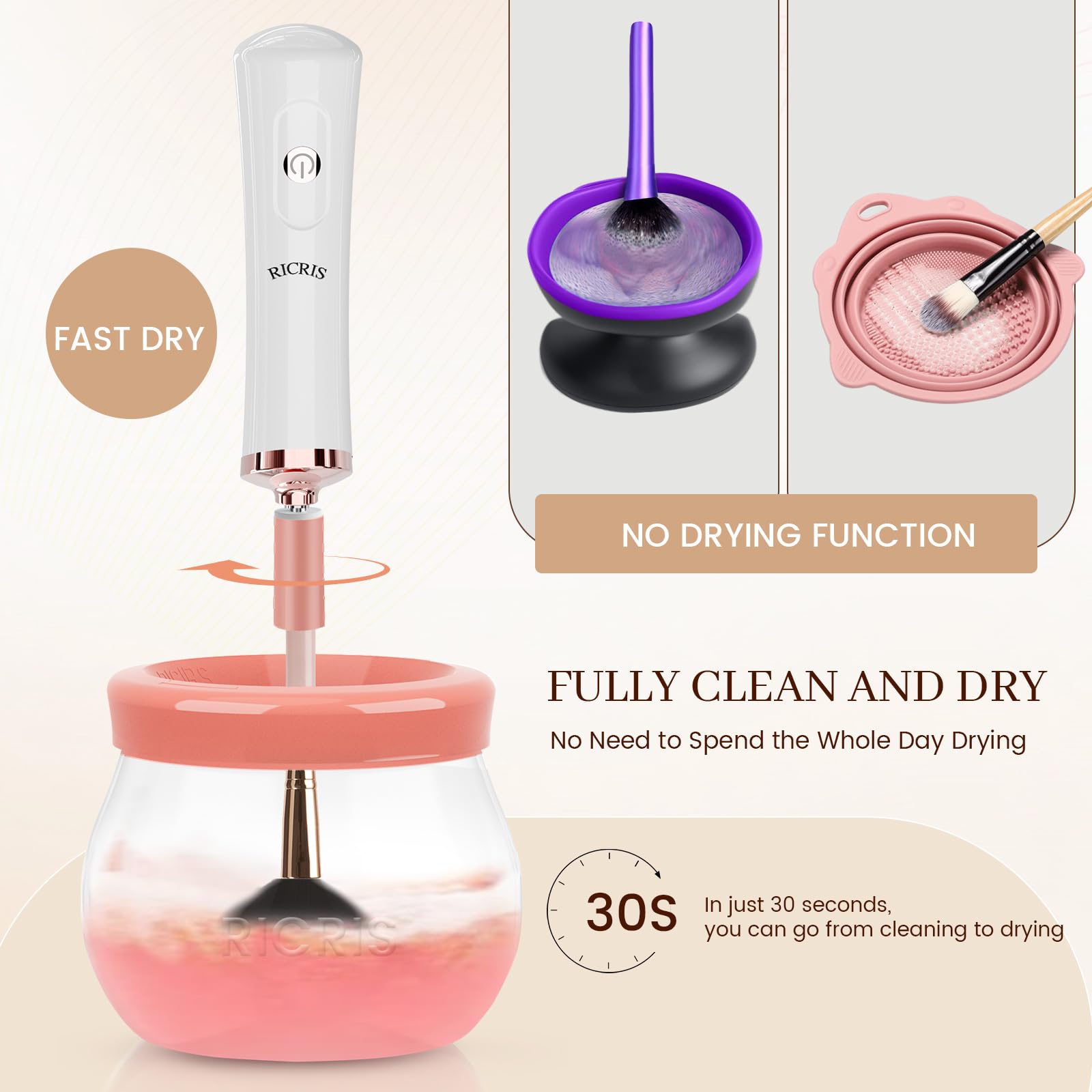 RICRIS Nettoyeur de pinceaux de maquillage électrique USB ultra rapide - Laveuse et séchoir à pinceaux de maquillage - Outil de nettoyage automatique des pinceaux cosmétiques - Nettoie et sèche en