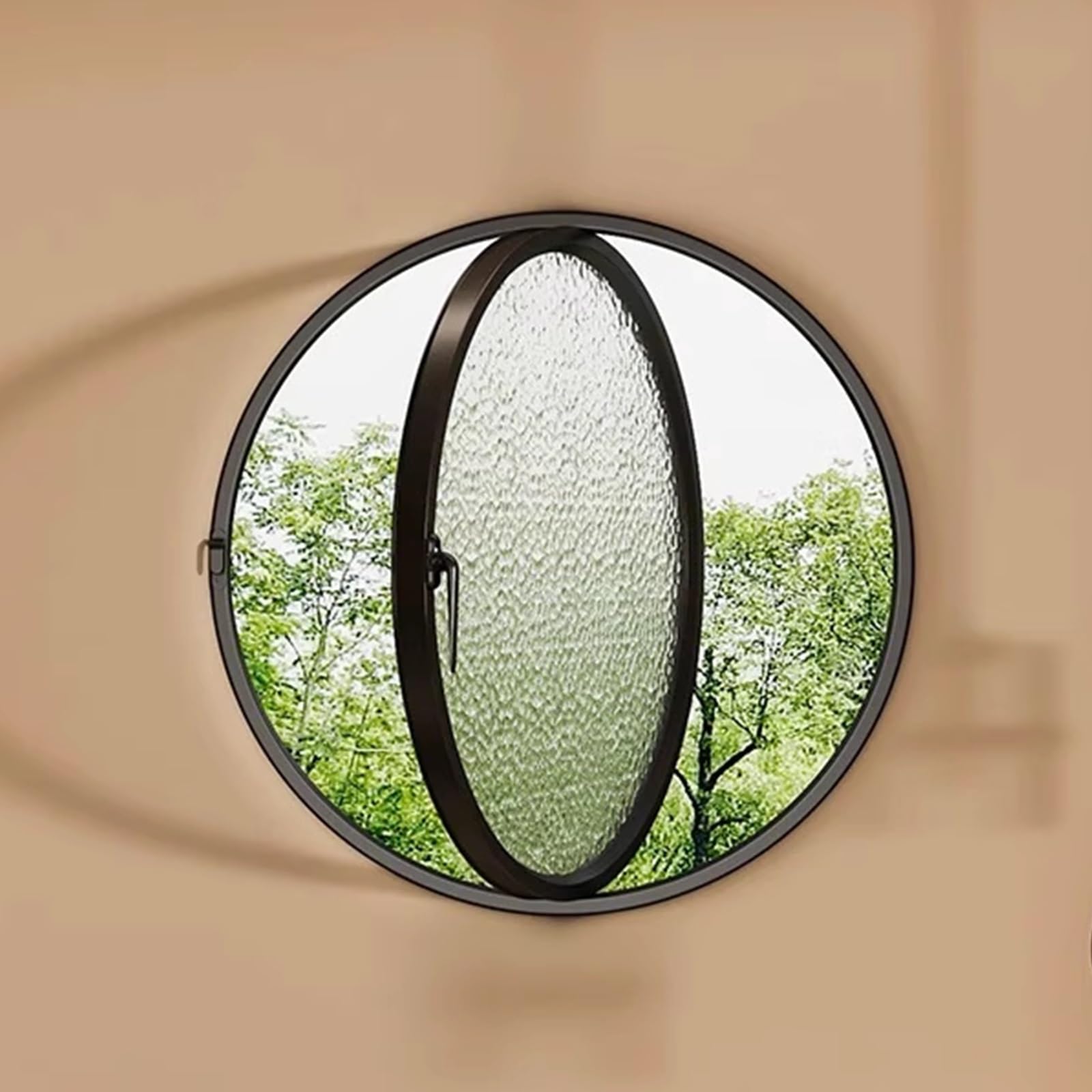 Ventana redonda para baño que elimina la humedad con cristal ondulado negro de 70 cm