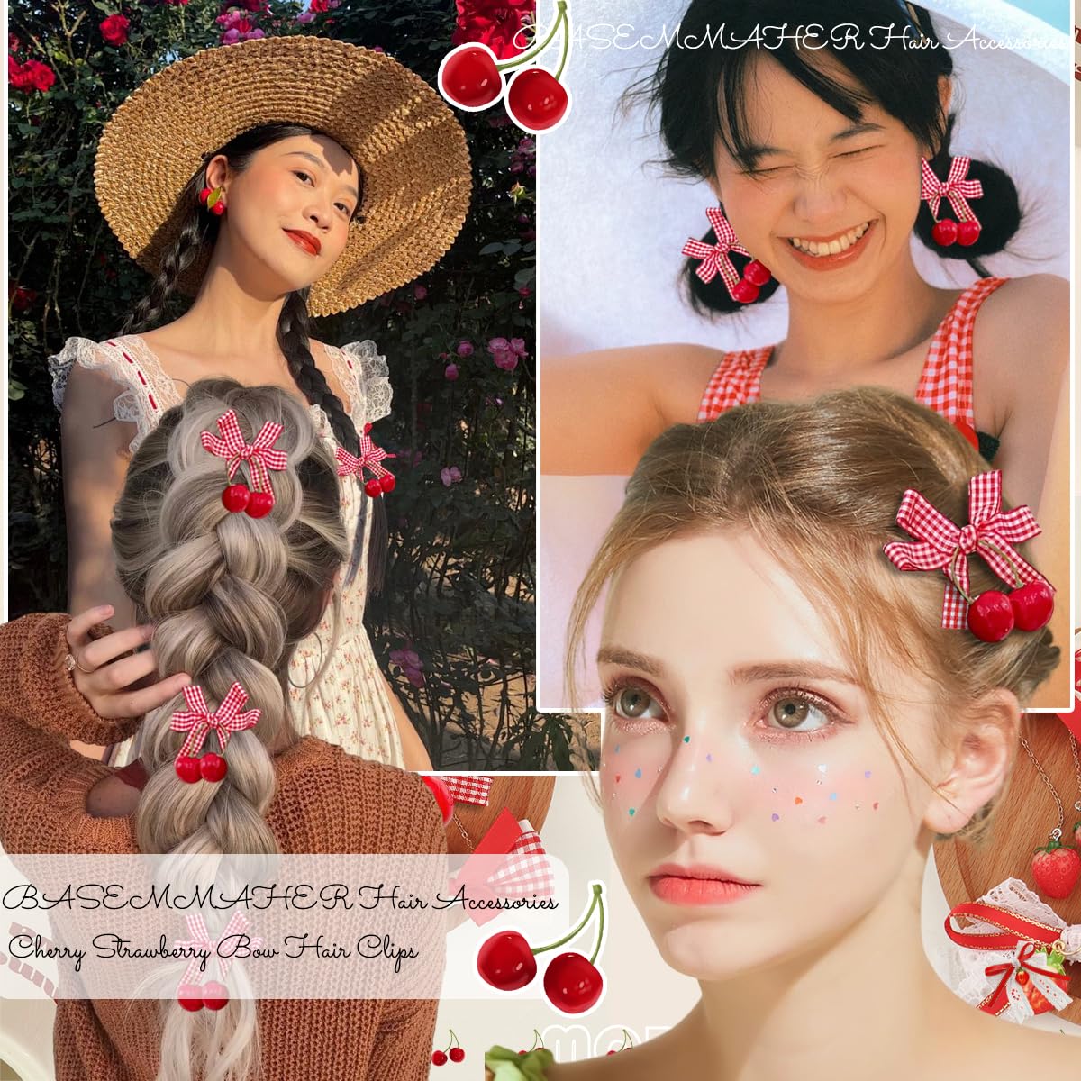 8 Pcs cherry Bow Hair Clips Hair Accessories Red White Bow Hairpin Alligator Hair Barrettes Plaid Bows Clips for Women Girls Christmas Party Hair Decoration - Image 5