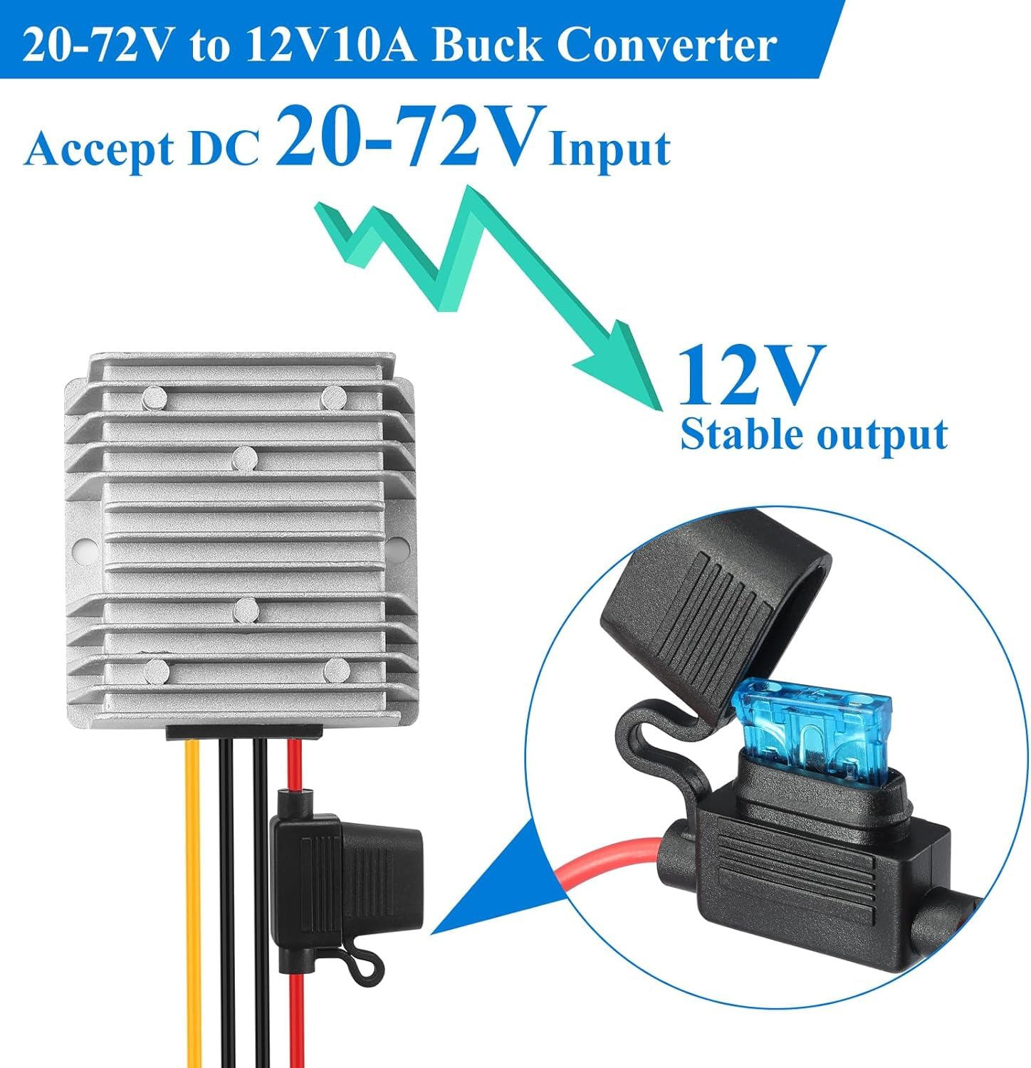 Alimentatore DC/DC scendere da 20-72V a 12V, convertitore di tensione con fusibile a 12V10A 120W MAX Trasformatore di potenza per automotive, luci LED, banchina della barca, strumenti e altro.