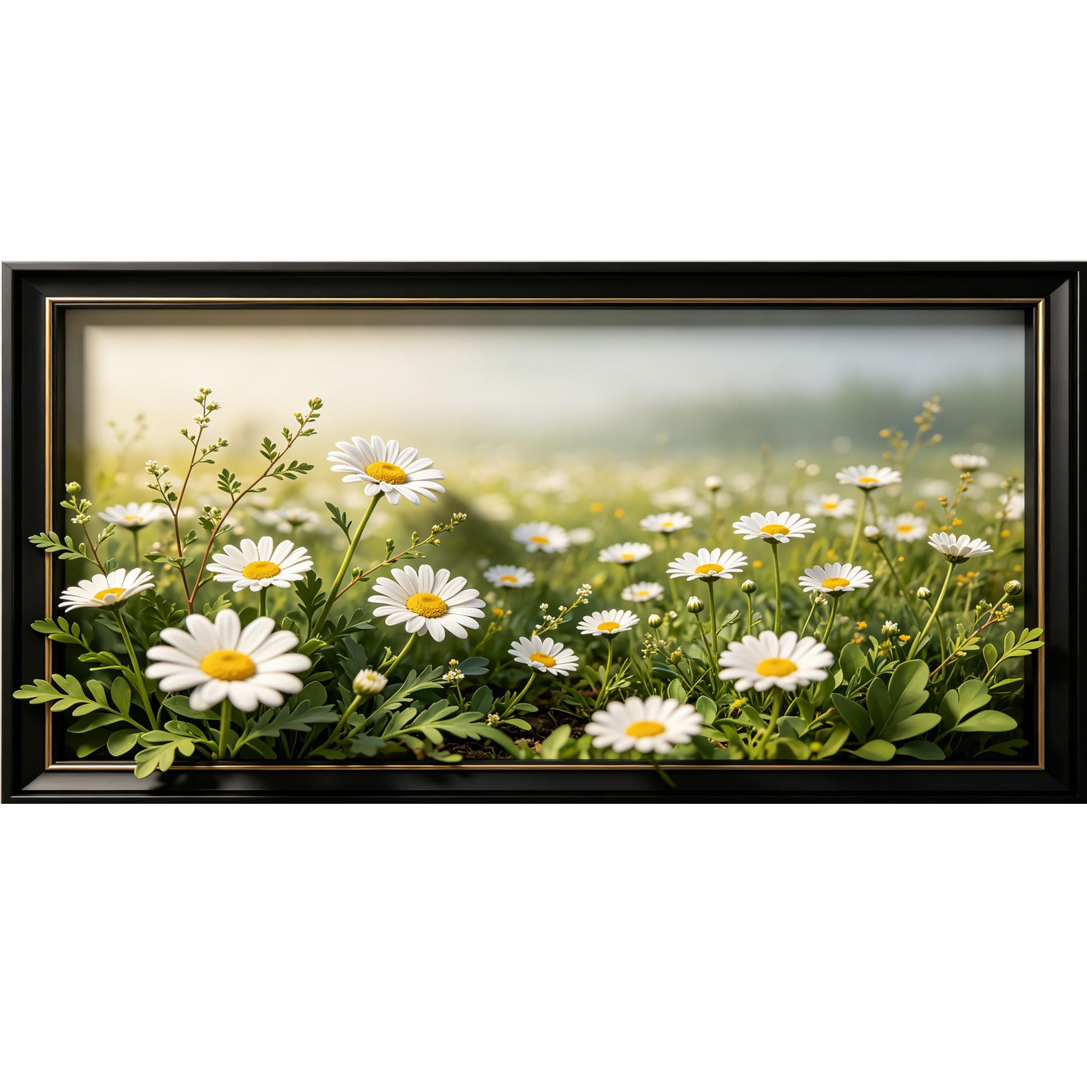 Agglomerix 3D Framed Wall Art White Daisy Flower Field Botanical Nature Farmhouse Large Size SelfAdhesive Removable Wall Decor Prints Artwork for Living Room Bedroom Office