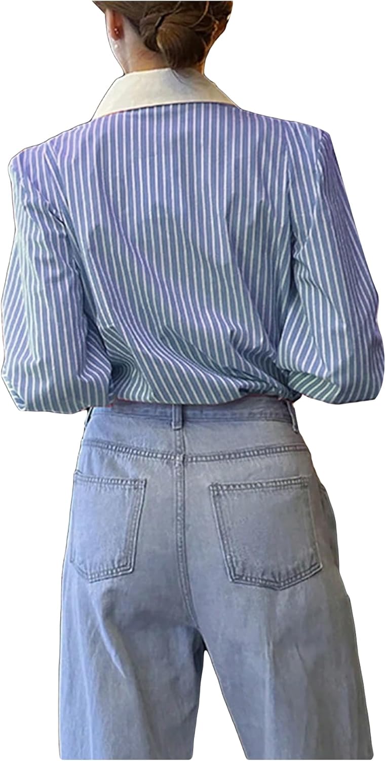 GORGLITTER Women's Striped Puff Long Sleeve Button Down Shirts Blouse Business Casual Fall Collared Work Office Tops - Image 2