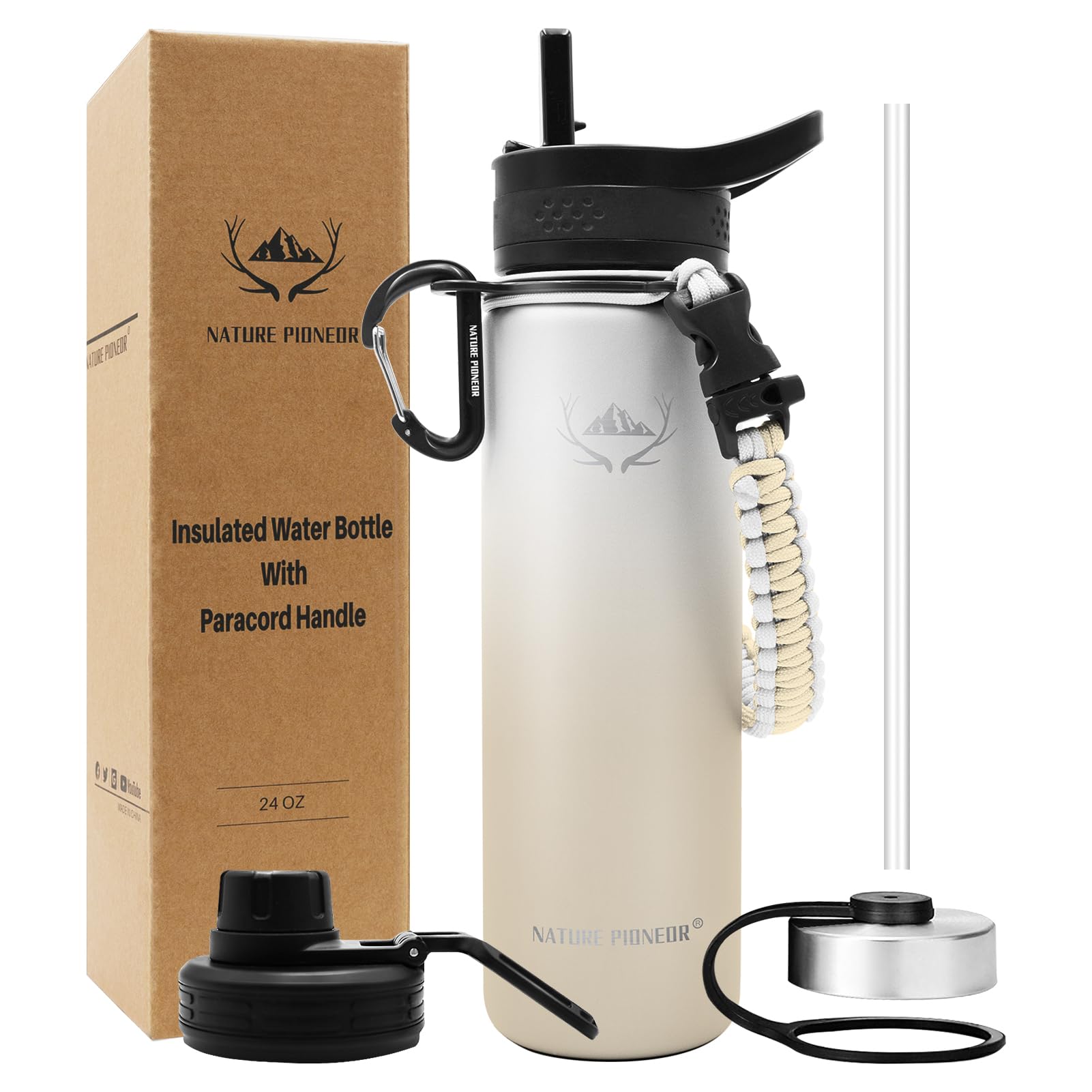 NATURE PIONEOR Insulated Water Bottles with Paracord Handle - 24 oz Vacuum Sports Wide Mouth Water Bottle with 3 Lids, Leak Proof Stainless Steel Keeps Hot and Cold