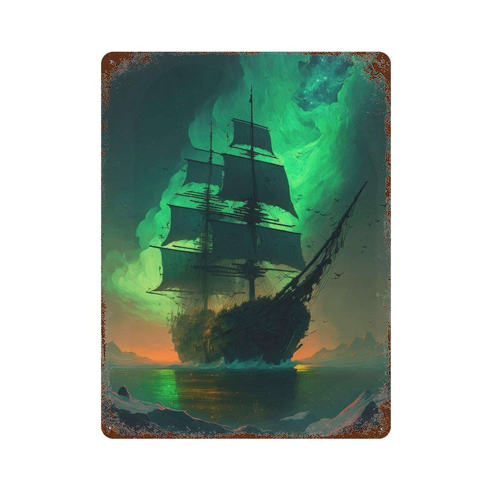 Ghost Ship Green Rustic Tin Plaque 15.7"x11.8", Ideal for Cafe, Home Bar And Lounge Decor