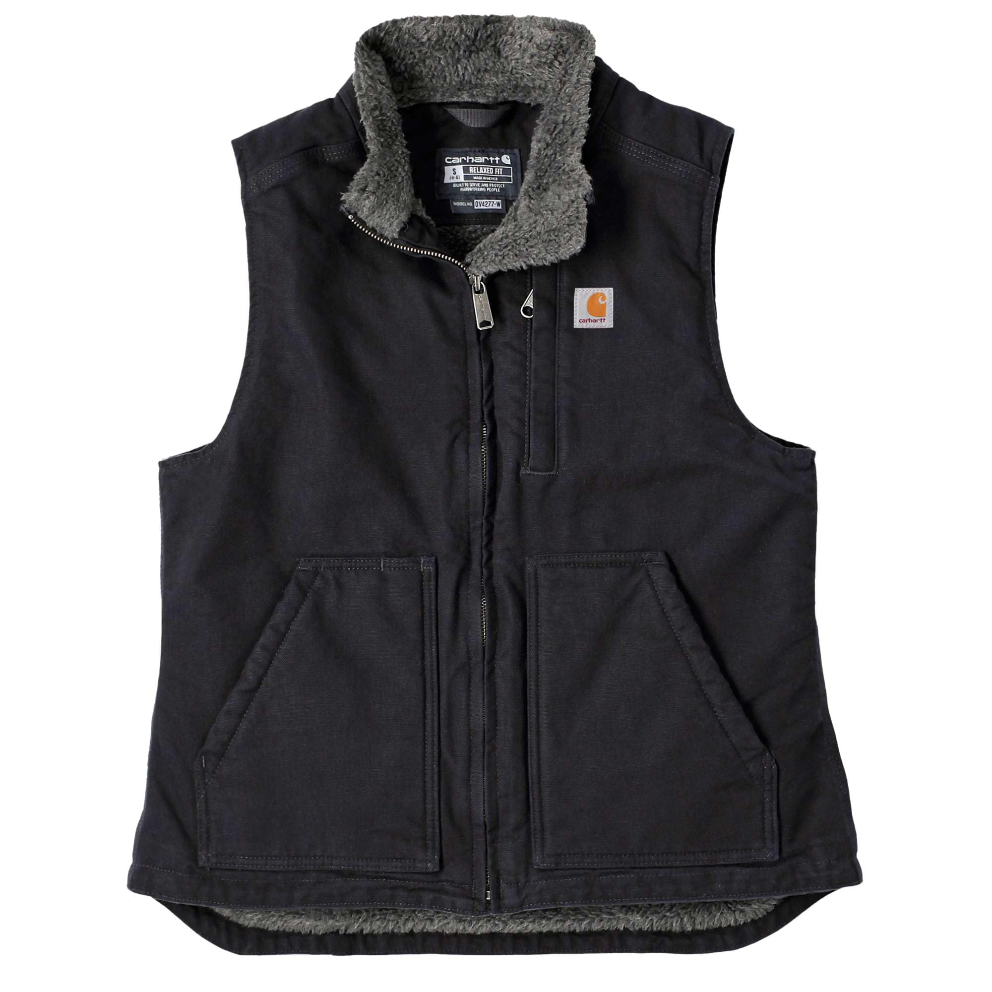 Carhartt Women's Loose Fit Washed Duck Sherpa-Lined Mock Vest, Black, Small