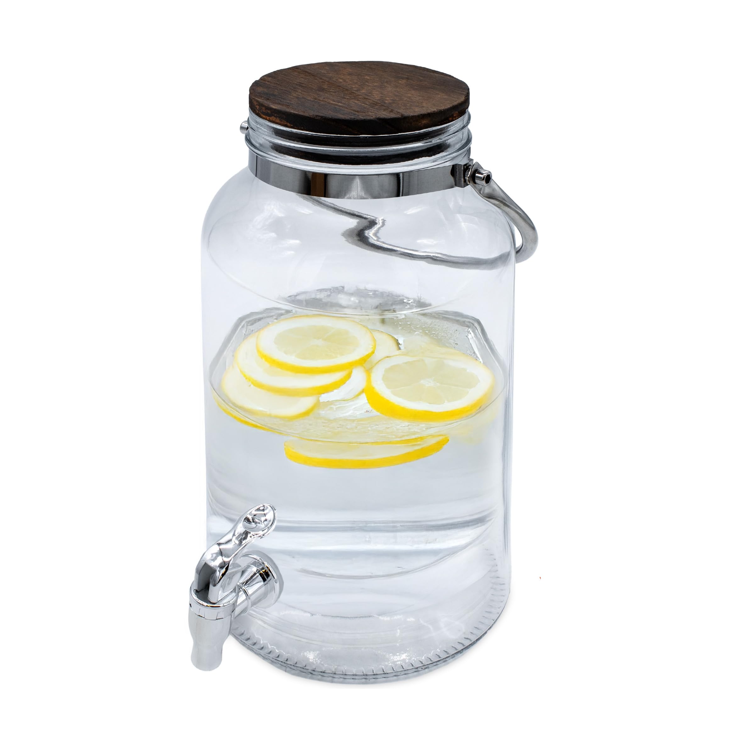 Getränkespender mit Zapfhahn und luftdichtem Holzdeckel - 6 Liter - Glas Wasserspender mit Tragegriff aus Metall - Wasser Saft Limonade Getränke Spender Dispenser