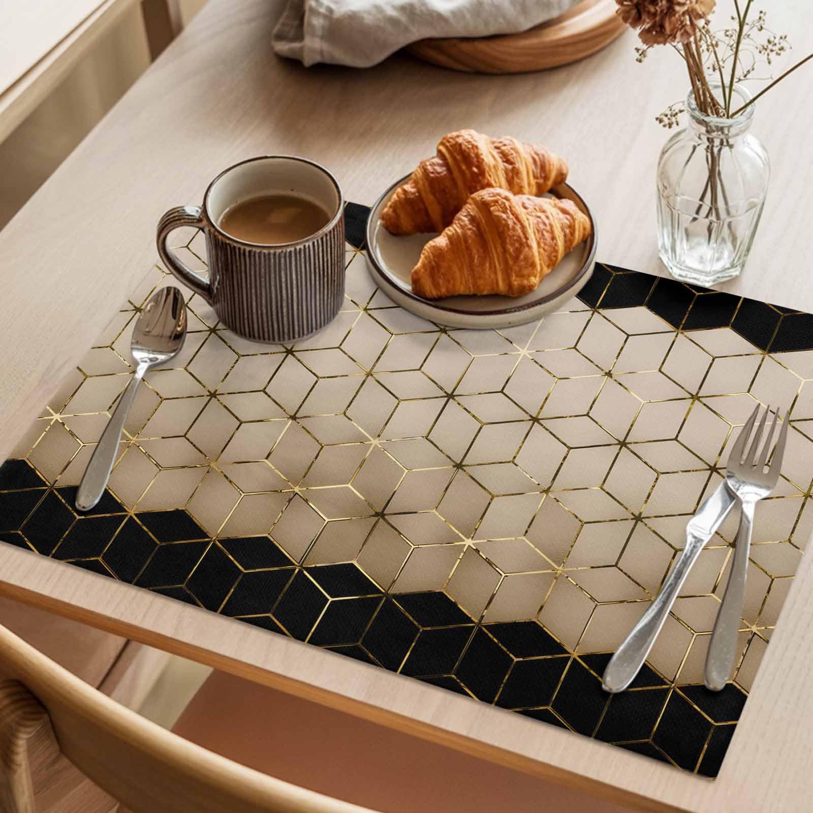 Juego de 6 manteles individuales con patrón geométrico, cubos de arte abstracto, color marrón, negro, dorado, resistentes al calor, antideslizantes, de arpillera, para mesa de comedor, cocina, fiesta,