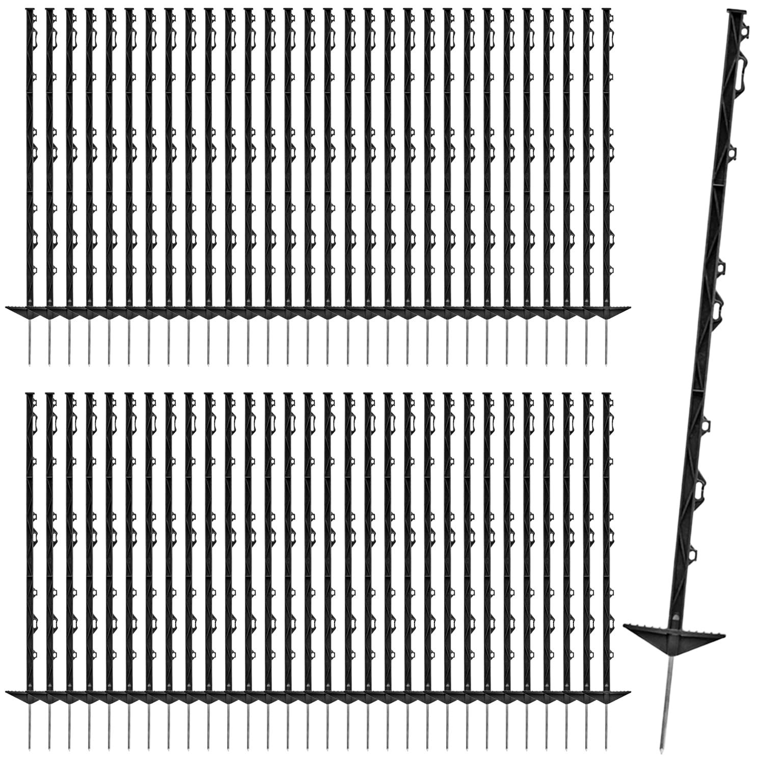 VOSS.farming 60x Weidezaunpfahl 105cm, Kunststoffpfähle, glasfaserverstärkt, schwarz, vollisoliert, Doppeltritt, mit Ösen für Litze, Band, Seil, Mobilzaun?