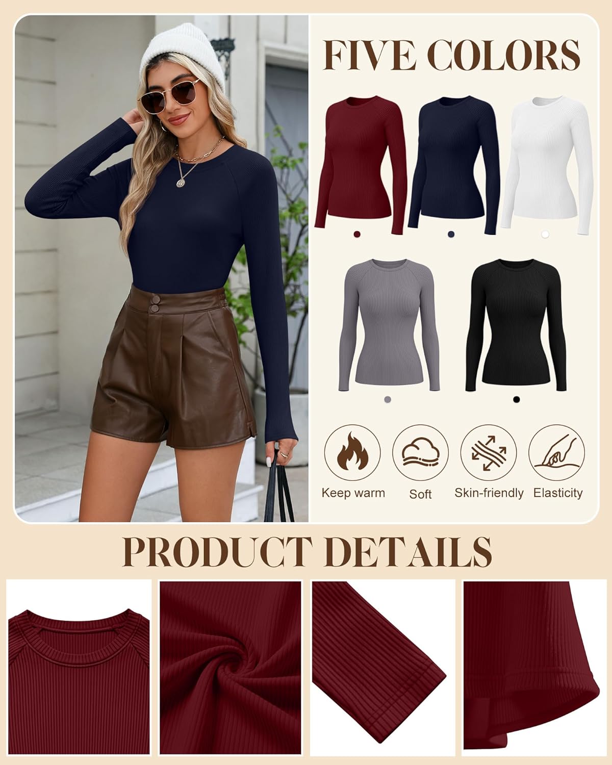 5 Pack Women's Thermal Long Sleeve Shirts Ribbed Knit Cotton Tops Crewneck Warm Base Layer Fitted Undershirts - Image 6