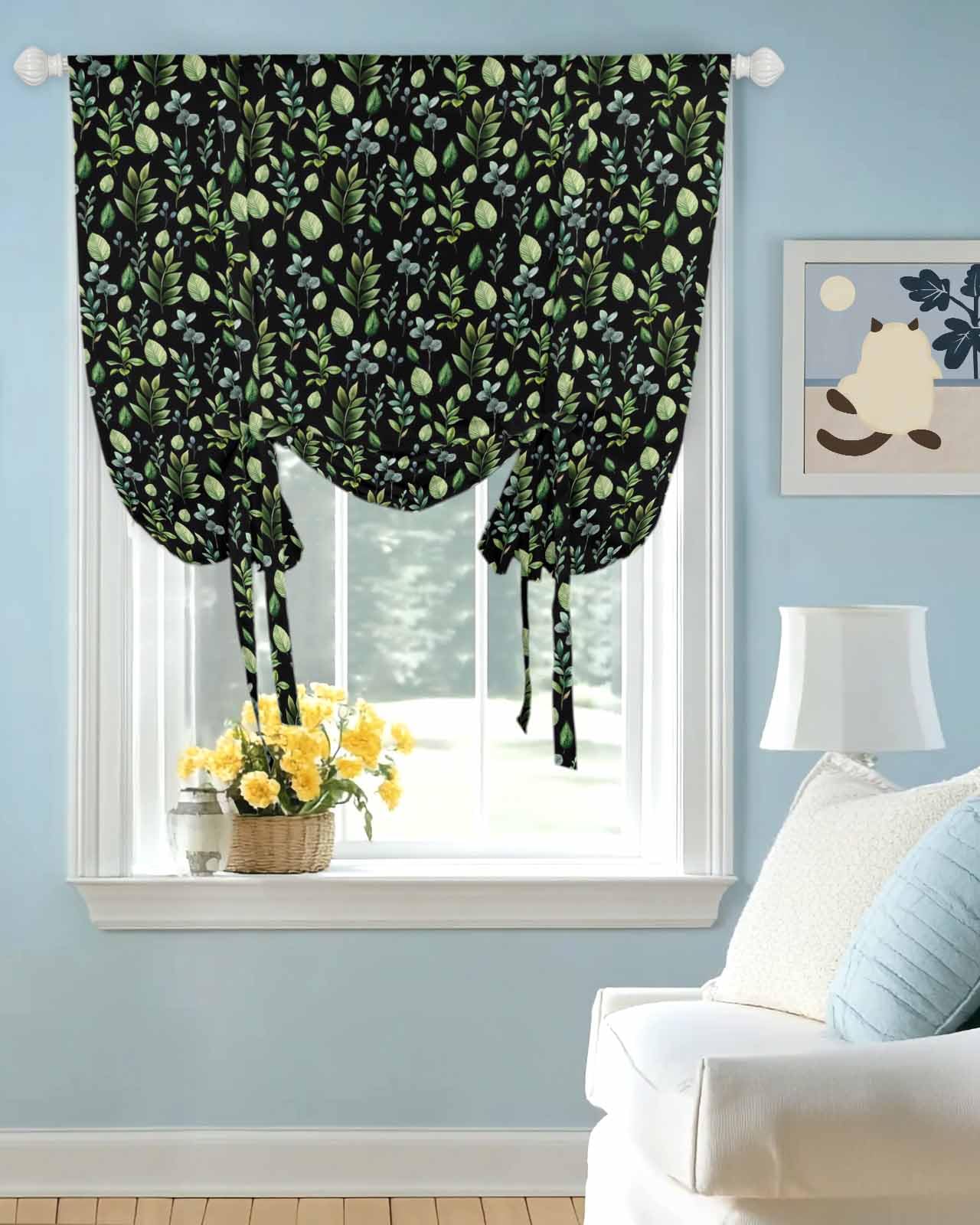 Tie Up Curtains for Windows Watercolor Farm Green Leaves Rod Pocket Tie-Up Window Shade Adjustable Balloon Curtain Valance Country Plant on Black for Bedroom Kitchen Bathroom Blinds,34x45in