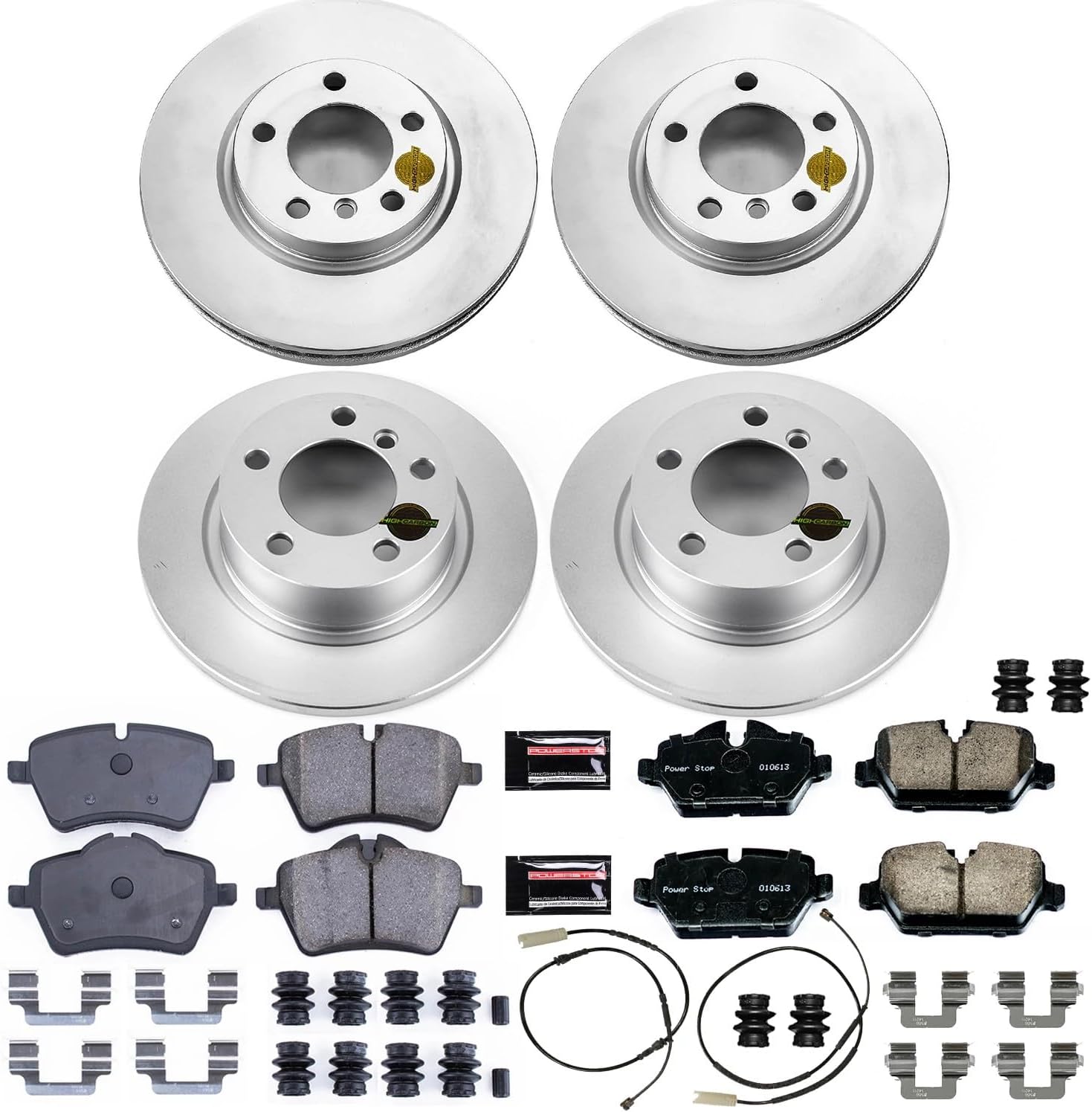 Power Stop CRK6666 Coated Brake Rotor and Ceramic Brake Pads- Front & Rear and 1 Front & 1 Rear Sensor Wires