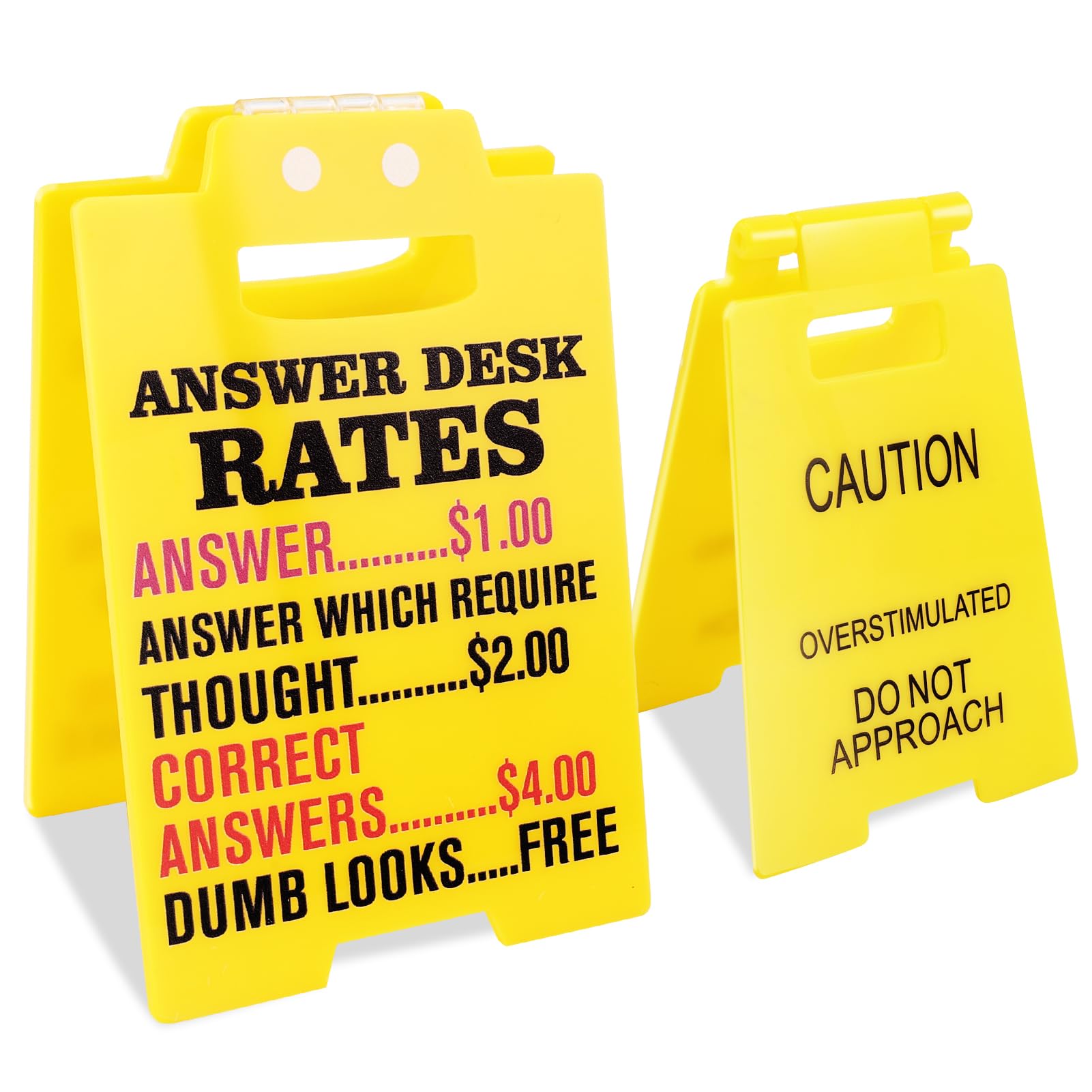 2Pcs Caution Overstimulated Desk Sign Answer Desk Rates Acrylic Sign Funny Office Gag Gifts for Coworker Teammate Employee Boss Humorous Signs for Stress Relief Decor Cubicle Accessories