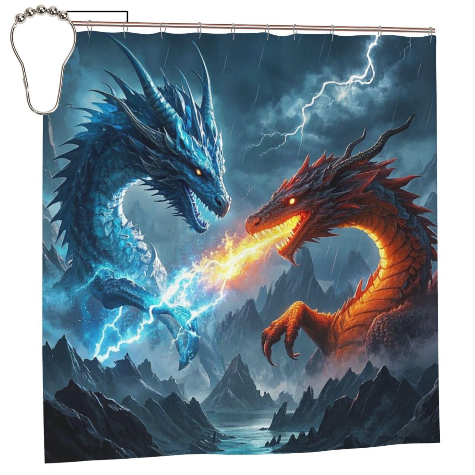 FodPand Ice Dragon and Fire Dragon Shower Curtain 70"x70" Waterproof Long Bathroom Curtain Heavy Duty Thick Cloth Bath Curtain Set with Hooks, Modern Abstract Art Pattern Bathroom Shower Curtains