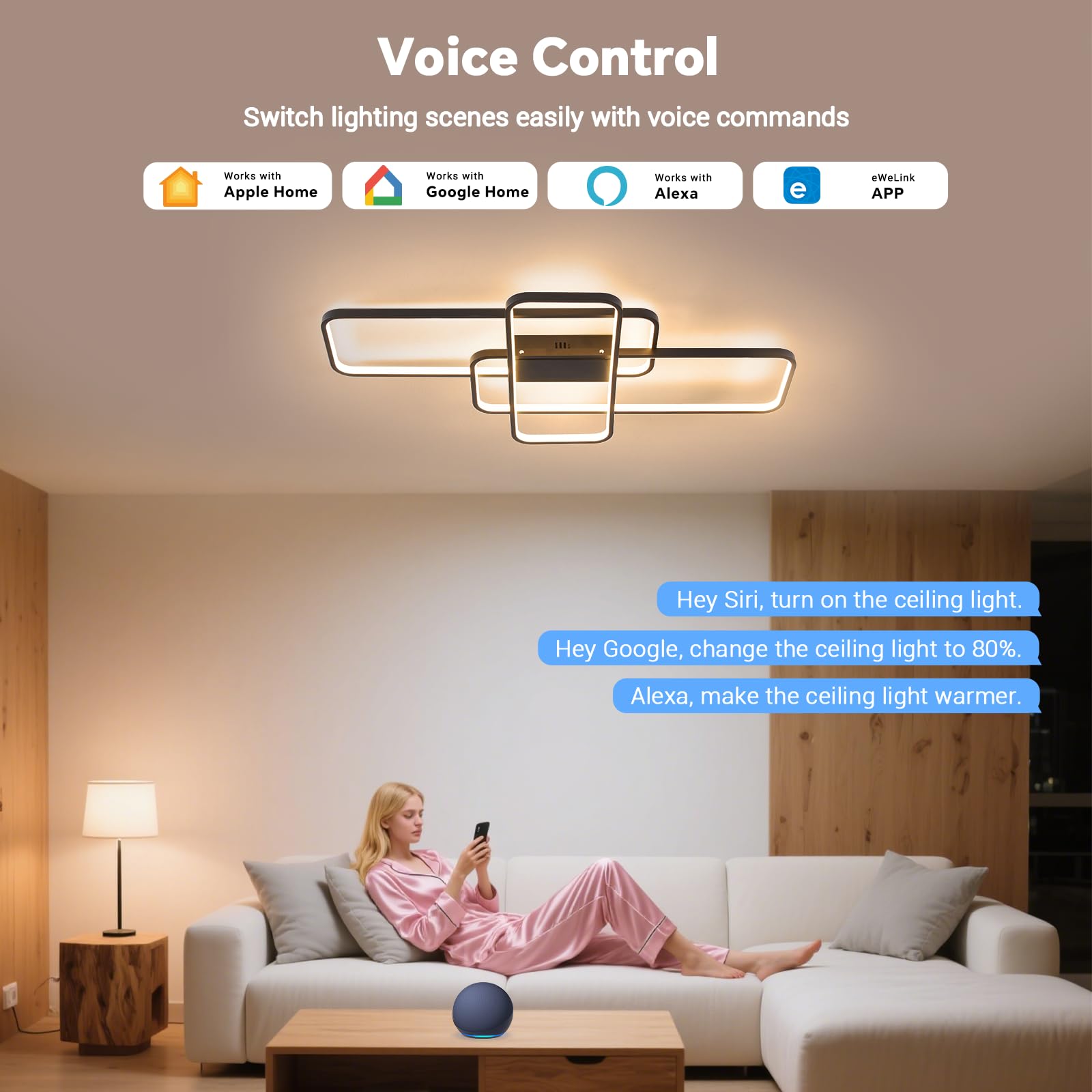 BAYHT LED Deckenlamp Dimmbar Deckenleuchte with Matter, 46W 4600LM, Kompatibel Mit eWeLink App, Geometrisch Deckenbeleuchtung für Wohnzimmer, Schlafzimmer Schwarz 90CM