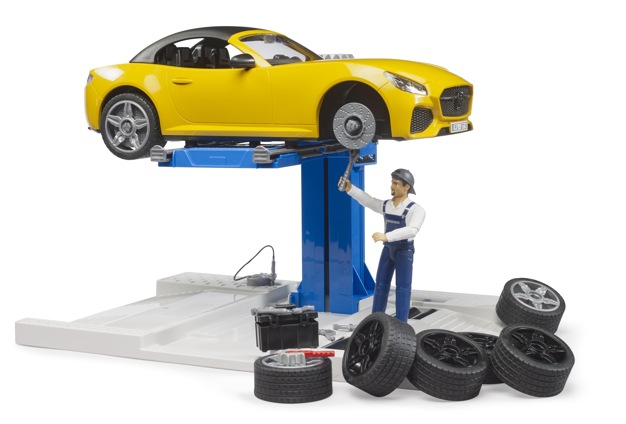 bruder 62112 - bworld centro de servicio de turismos con roadster | Set de taller con coche de juguete y mecánico, figura de juguete bworld, juguetes para niños a partir de 4 años, 1:16