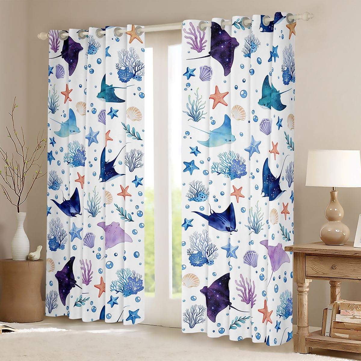 Homemissing Manta Ray - Tende oscuranti per camera da letto, soggiorno, tema oceano, stella marina, tende oscuranti, motivo creatura subacquea, tendaggi per finestre, 2 pannelli, 132 x 228 cm