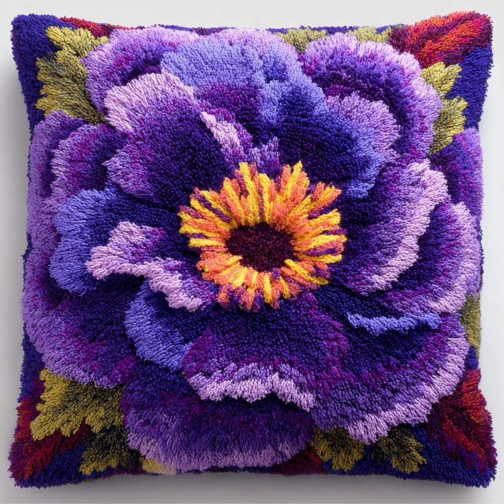 Taxpy Latch Hook Kits, Purple Flowers Pillow for Pillow Pre-Printed Patterns Pillowcase Needlework Crochet Yarns Latch Hooking Cushion 17x17inch