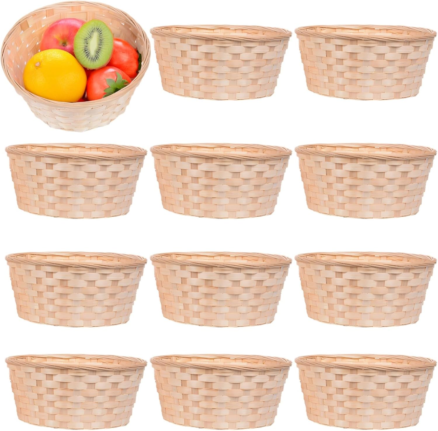 Set of 12 Handwoven Bamboo Serving Baskets, Round Fruit & Snack Storage Baskets for Dining Table, Picnic, Or Food Display, 7.1 X 2.8 in