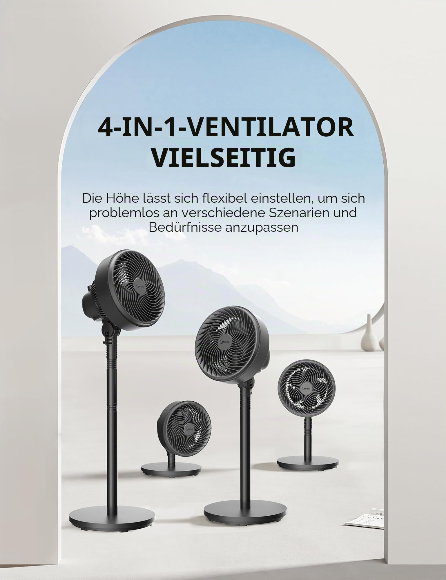 Midea Standventilator FG18-22LAPHSE(BL) 6 Turbo-Flügel, geräuscharmer DC-Motor, 15 Geschwindigkeiten und 4 Modi, Oszillation 30°-120°, Timer 24h, Höhe verstellbar 78-110