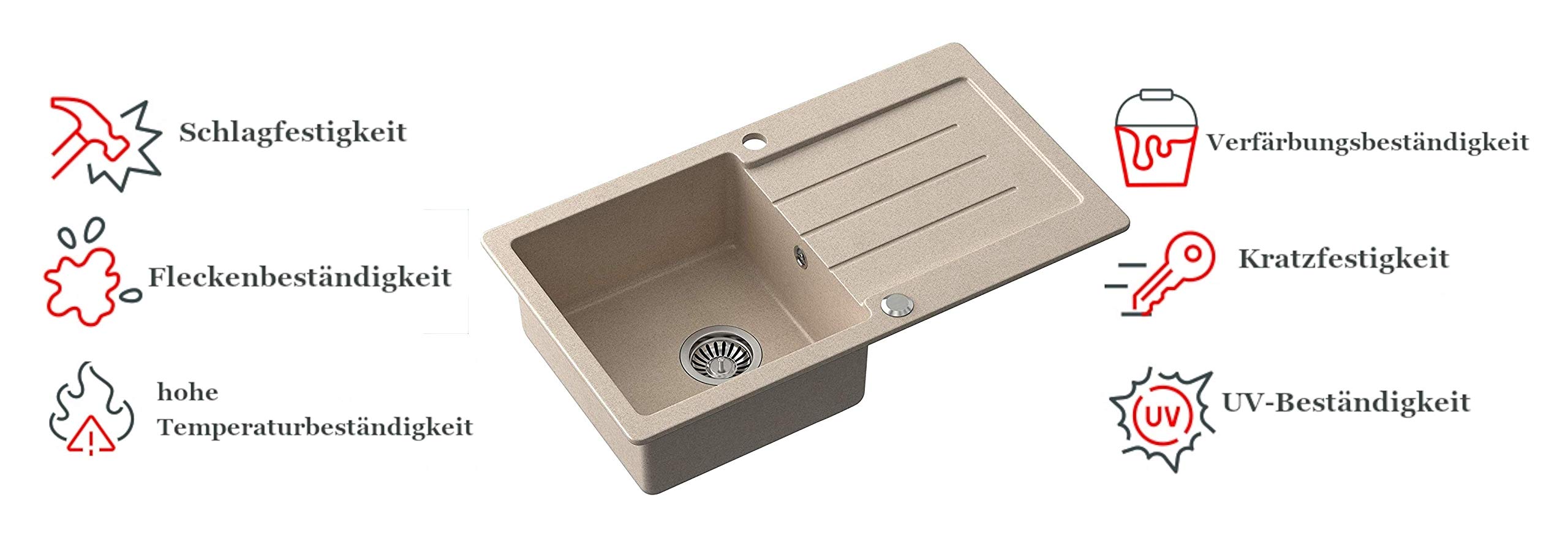 VBChome Lavello in granito beige 77 x 44 cm – Lavello da incasso singolo screziato, reversibile, con sifone e rubinetto, lavello da cucina