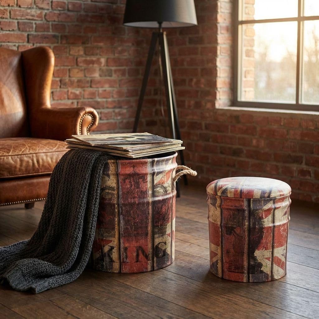 Set Di 2 Pouf Contenitore Tondo Per Interno Poggiapiedi Salotto Camera Cameretta