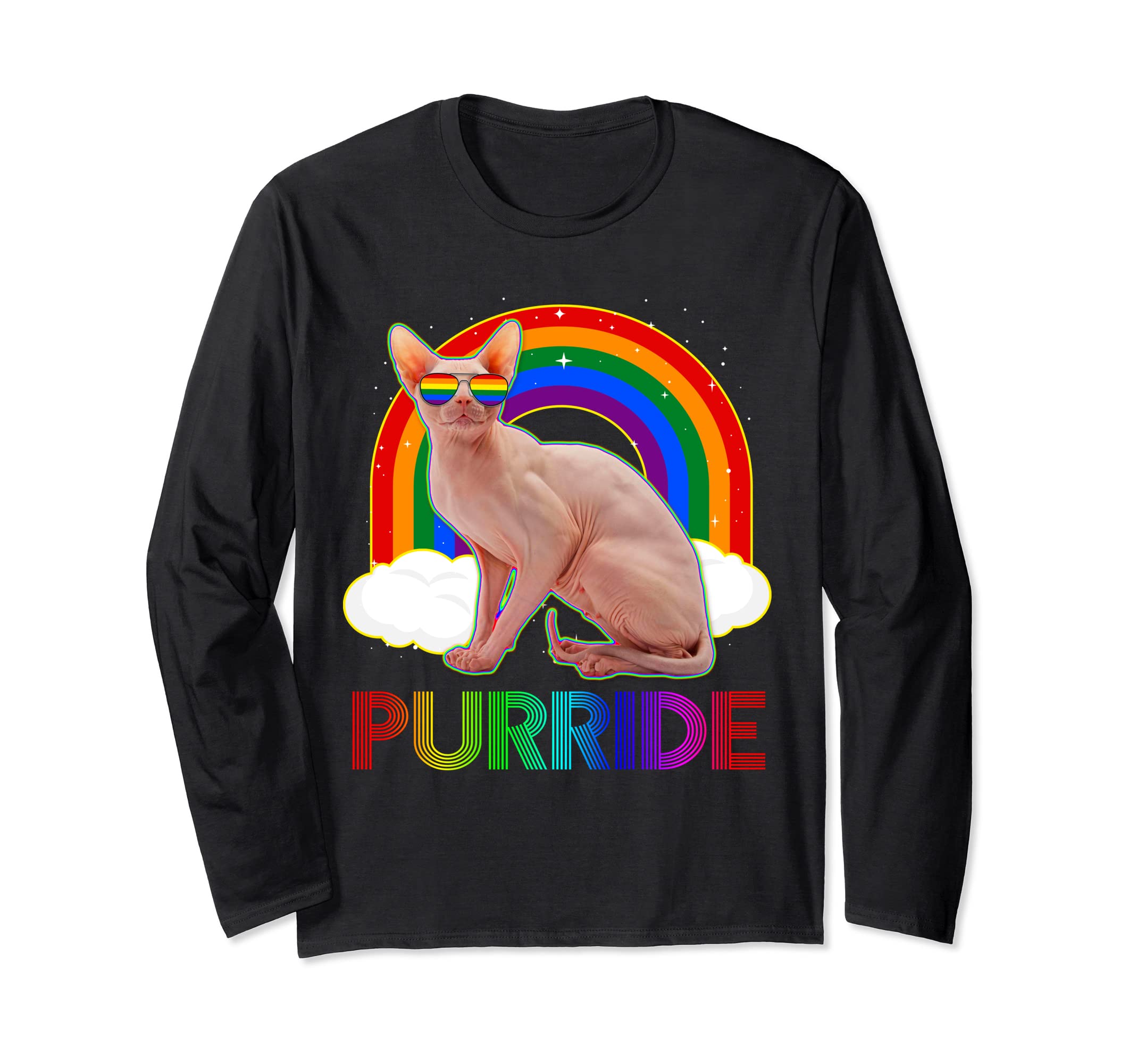 Sphynx Cat Gay Pride LGBT Rainbow Flag Sunglasses Long Sleeve T-Shirt, Black