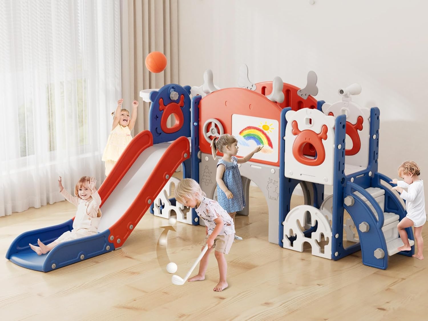 XJD Toddler Slide,13 in 1 Kids Slide for Toddlers, New Upgrade with Golf Set, Basketball Hoop, Drawing Board for Indoor Outdoor Playset,Toddler Playground (Red Blue)