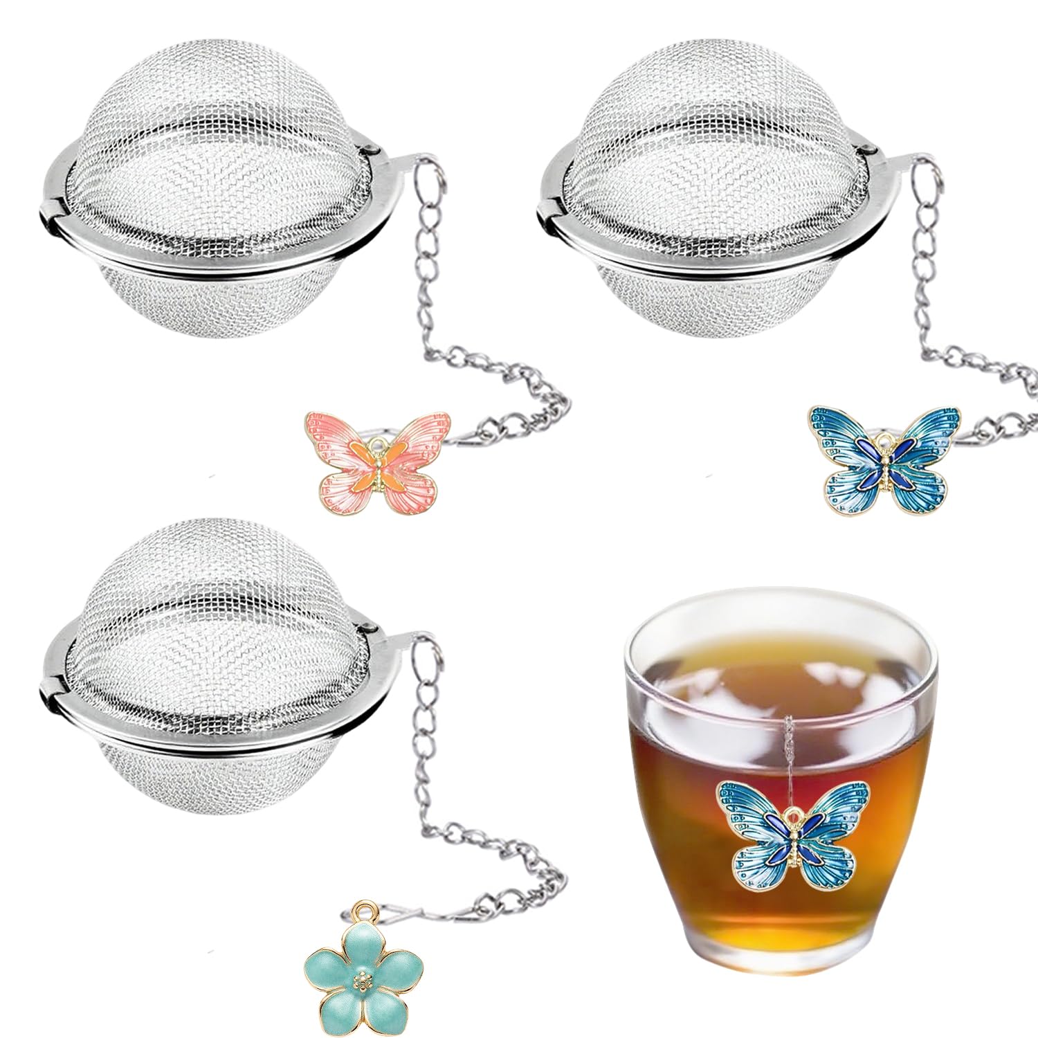 Photo 1 of 3 Pcs Tea Infusers for Loose Tea Leaf Steeper Tea Balls for Loose Tea Diffusers for Loose Tea Stainless Steel Tea Infuser Loose Leaf Tea Steeper with Metal Pendant (Butterfly and Flower)
